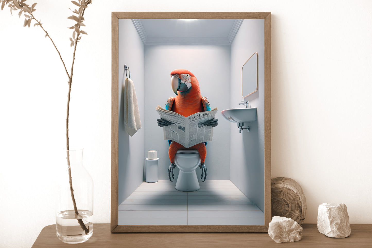 Poster Humoristique Perroquet Lisant aux Toilettes, Décoration Murale Amusante WC, Cadeau Original, Affiche Salle de Bain