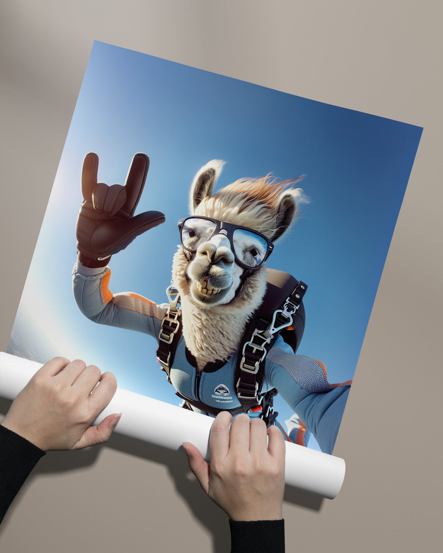 Affiche murale Lama en chute libre - Poster Animal Skydiving, Décoration Sport Extrême, Idée Cadeau Unique