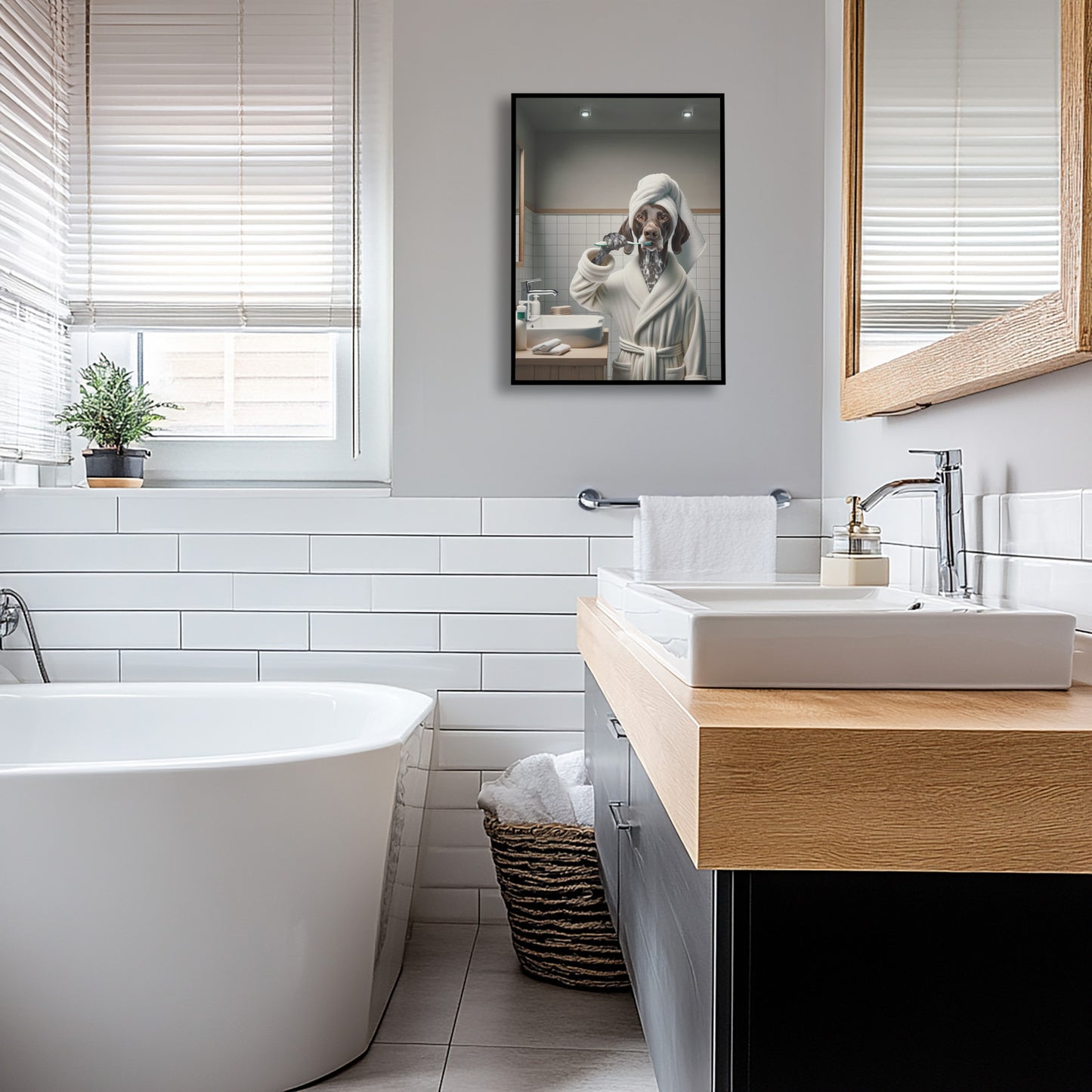 Portrait of a German Shorthaired Pointer Brushing Teeth in Bathrobe – Funny Dog Bathroom Decor, Cute Poster, Gag Gift, Framed art