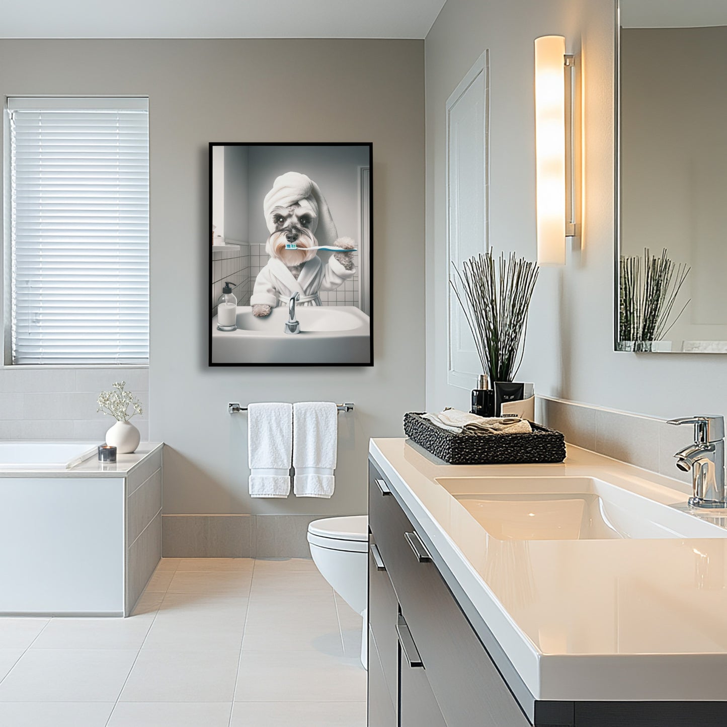 Portrait of a Miniature Schnauzer Brushing Teeth in Bathrobe – Funny Dog Bathroom Decor, Cute Poster, Schnauzer Frame, Gag Gift, Framed art