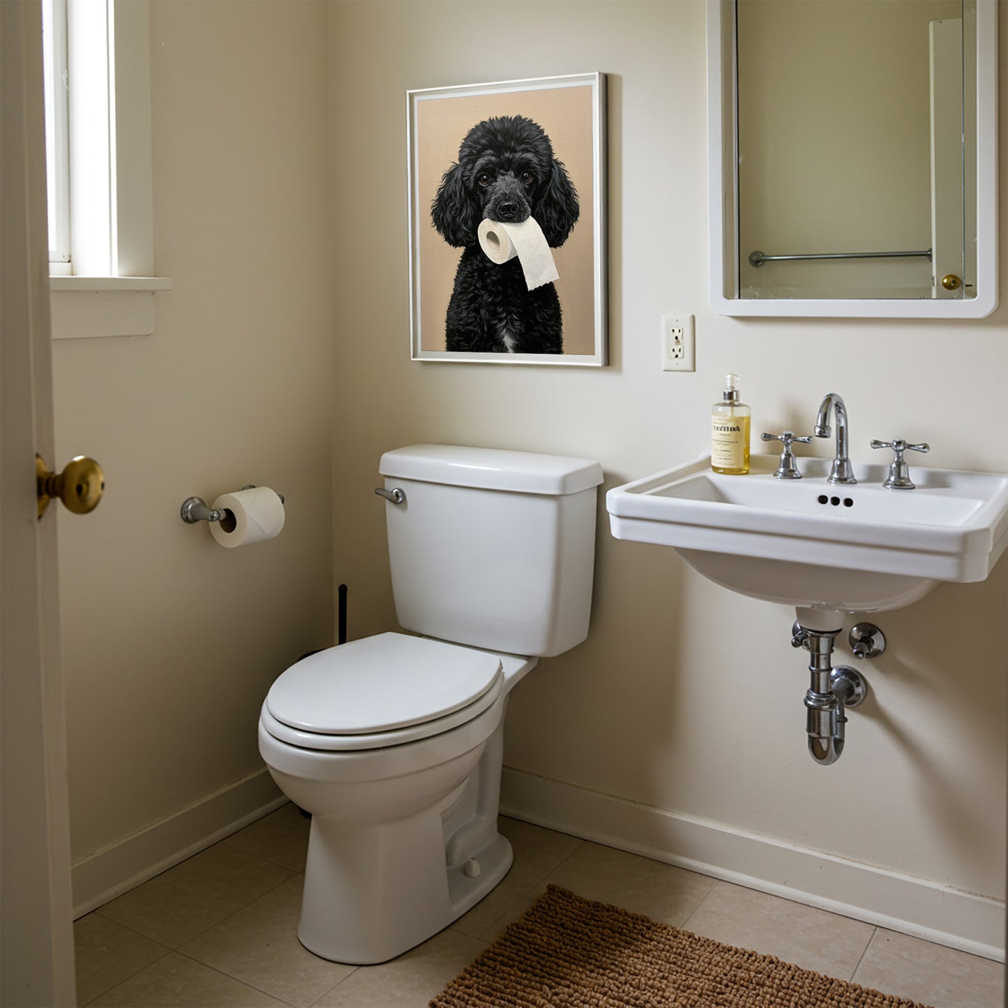 Caniche mordant un rouleau de papier toilette, Humour Toilettes, Poster WC, Cadeau Caniche, Affiche encadrée, Poster chien