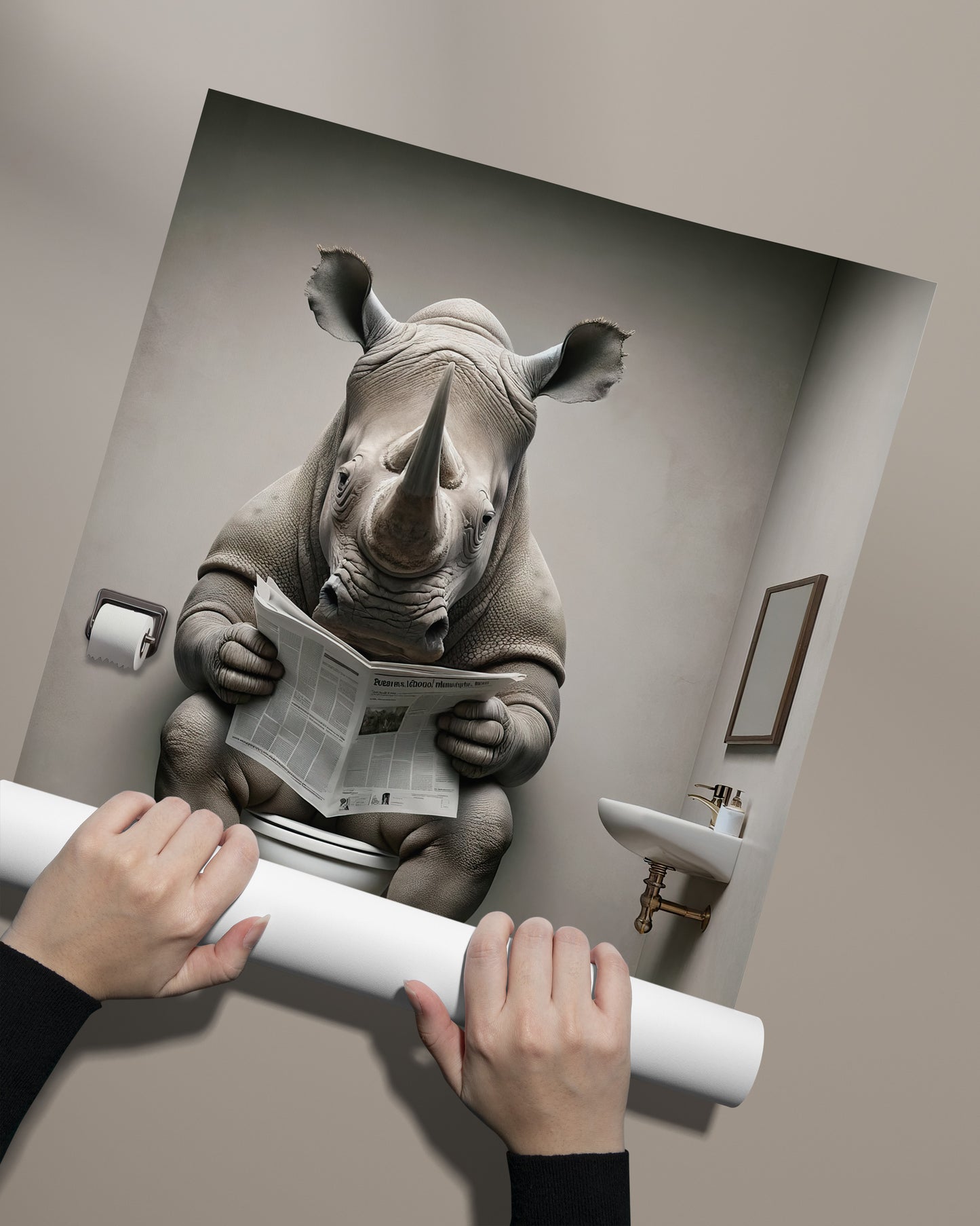 Poster d'un Rhinocéros lisant le journal sur les toilettes, Humour WC, Déco Salle de Bain, Art Mural Fun, Cadeau Original