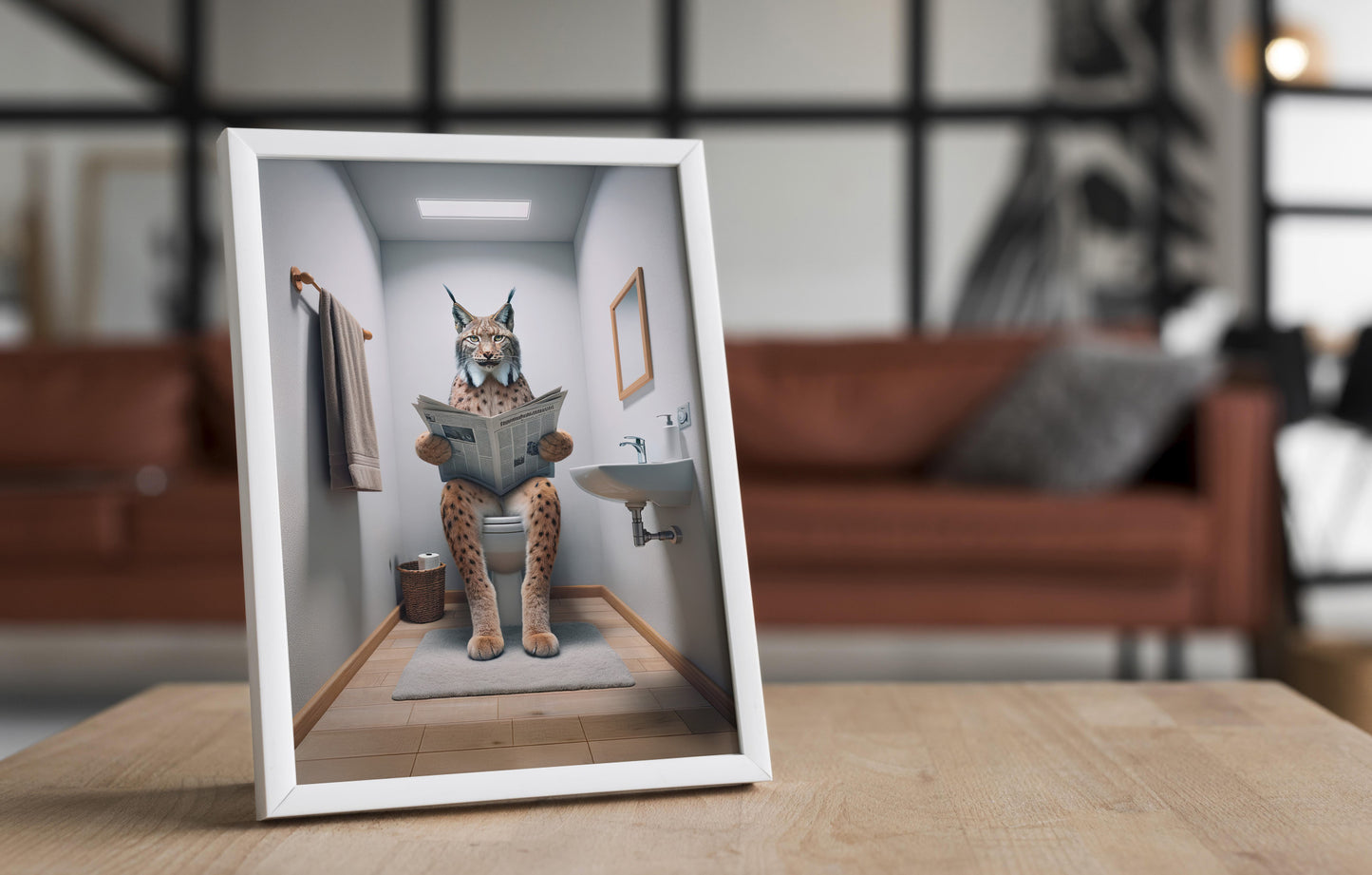 Lynx Reading Newspaper Toilet Poster - Funny Bathroom Wall Art Decor - Unique Gag Gift Print for WC