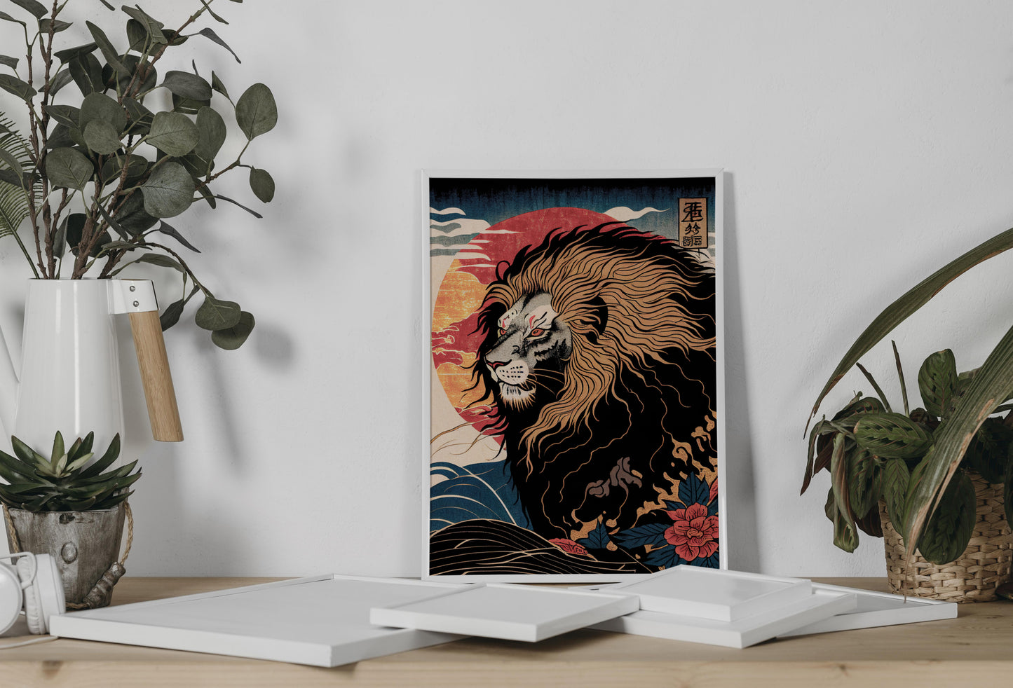 Japanese Lion Wall Poster | Ukiyo-e Print Art | Japanese Wall Decor | Art Style Illustration Poster