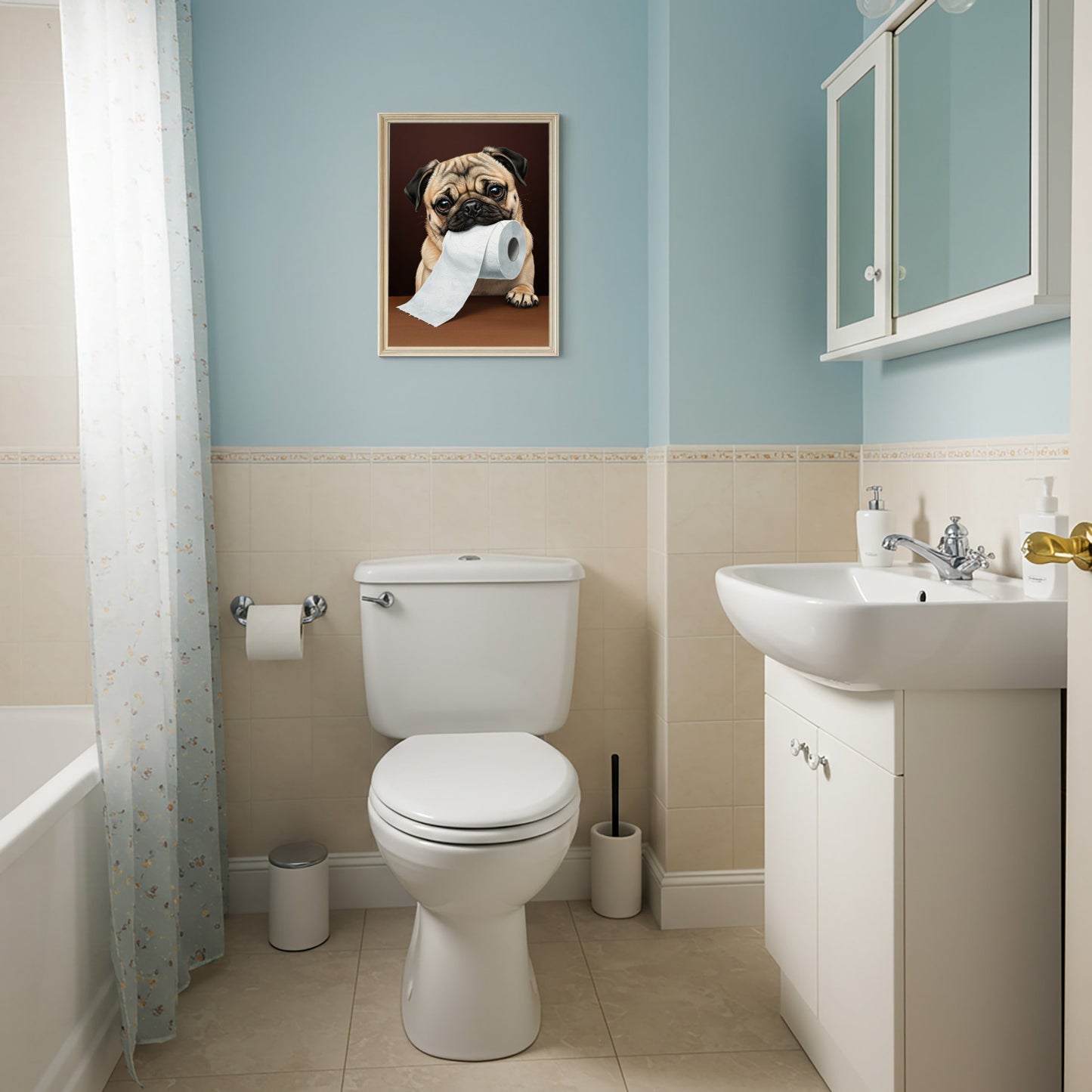 Carlin mordant un rouleau de papier toilette, Humour Toilettes, Poster WC, Cadeau Carlin, Affiche encadrée, Poster chien