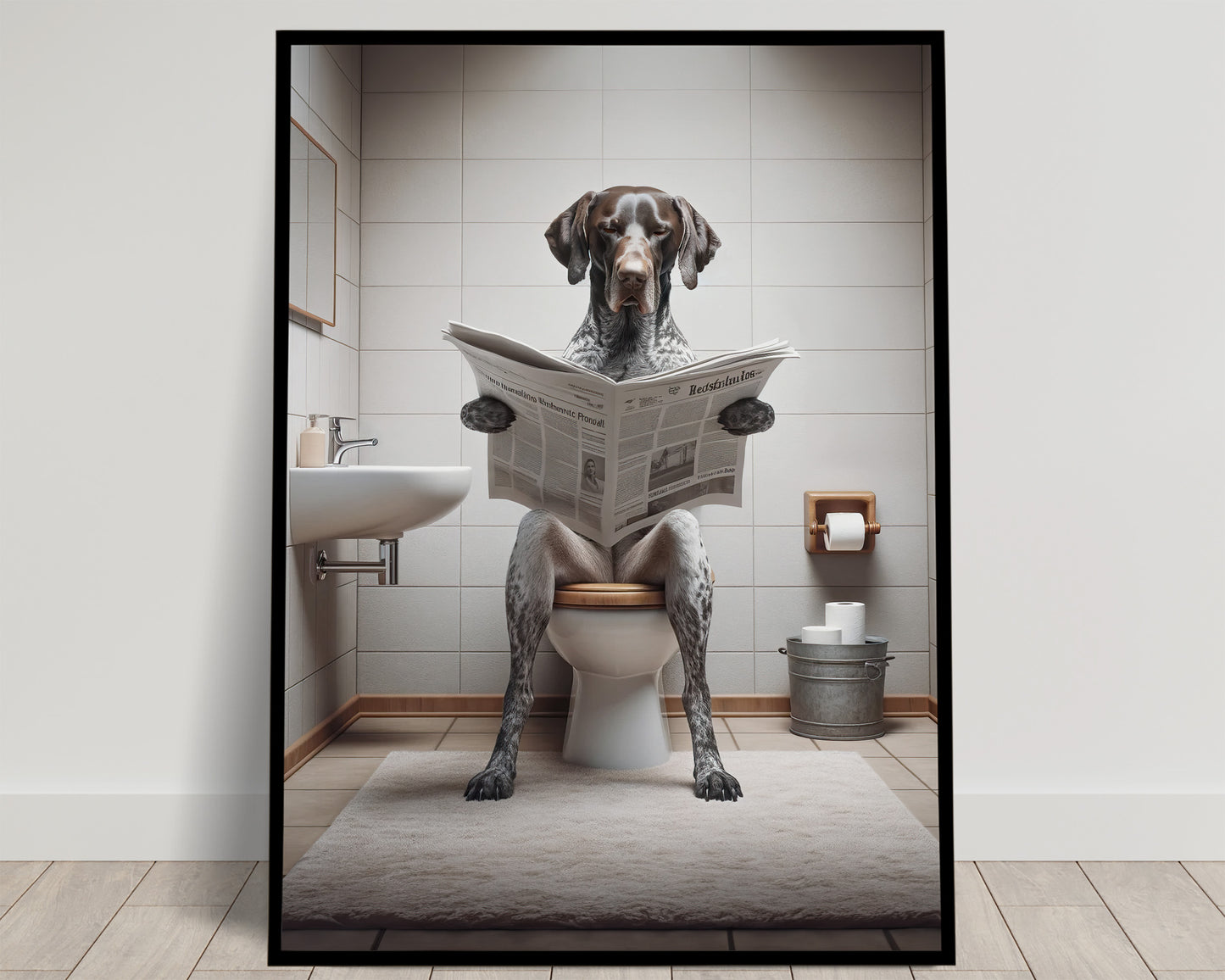 German Shorthaired Pointer Reading Newspaper Poster – Fun Bathroom Decor, WC Art, Gag Gift