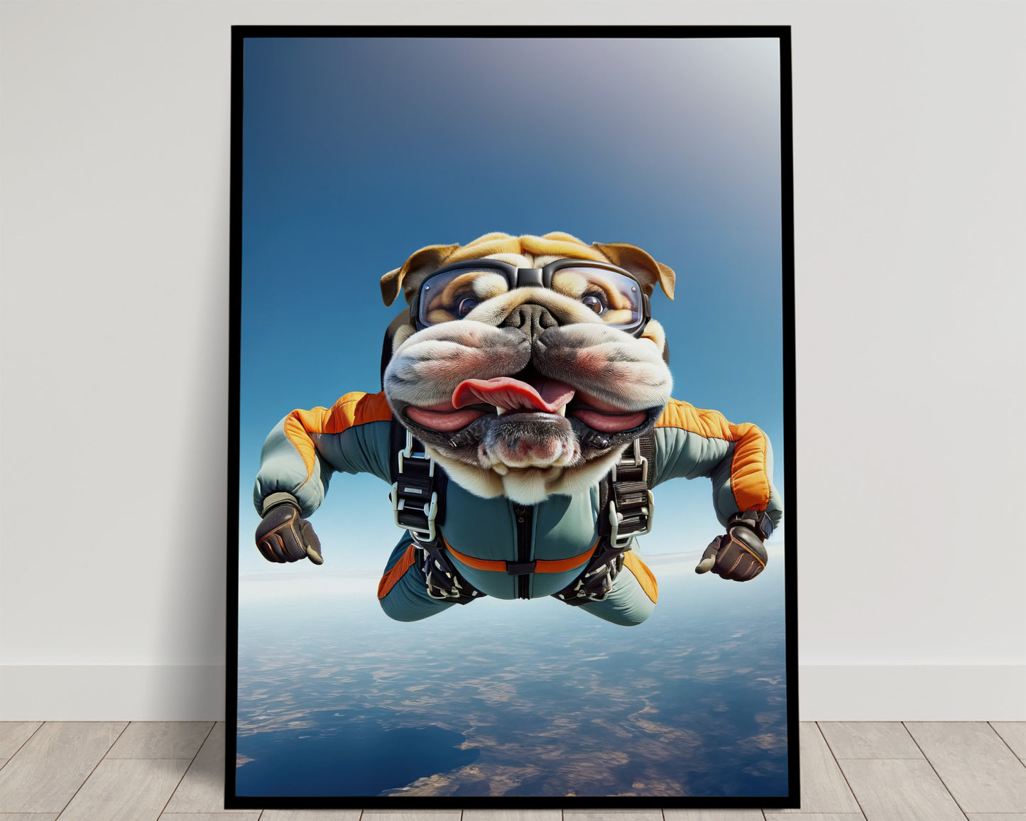 Affiche murale Bulldog Anglais en chute libre, Poster Saut en Parachute, Décor Animal Skydiving, Idée cadeau unique