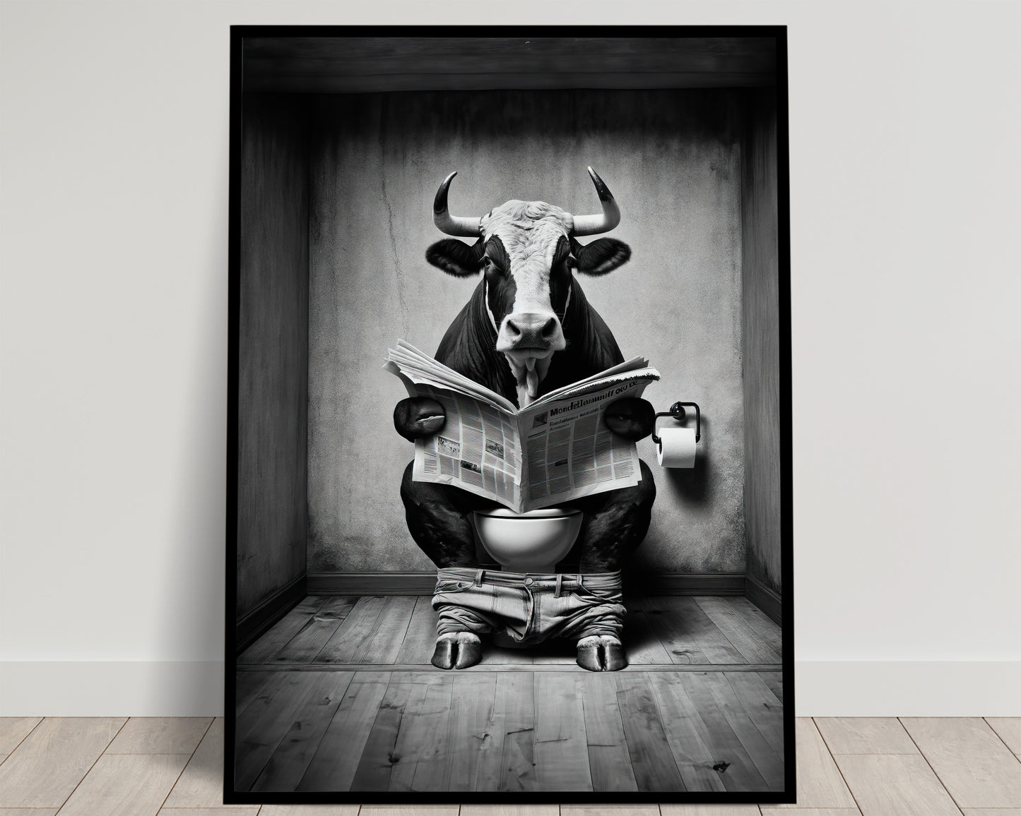 Poster Humoristique Taureau Lisant le Journal, Déco Toilette et Salle de Bain, Idée Cadeau Fun et Original, Affiche Murale