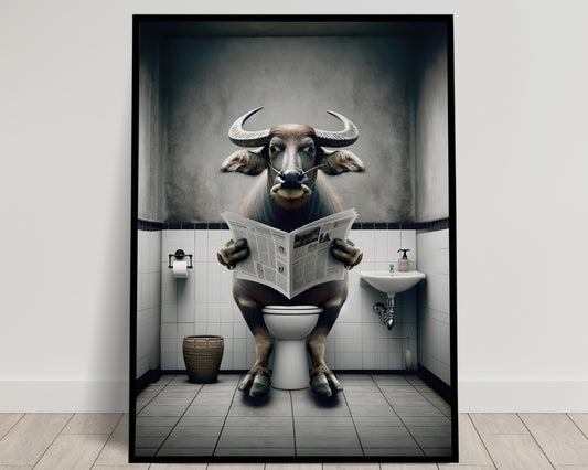 Poster Buffle lisant le journal aux toilettes, Décoration Humoristique WC, Affiche Salle de bain, Cadeau Original Fun