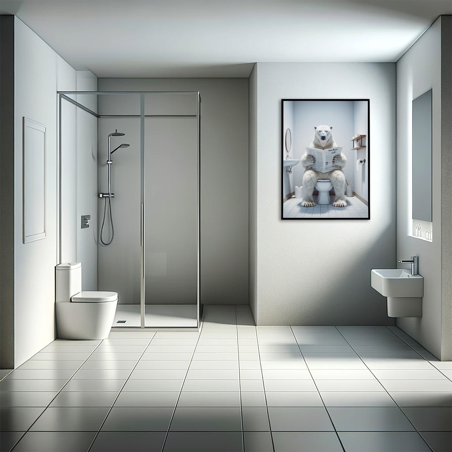 Poster d'un Ours polaire lisant le journal, Décoration Humour WC, Cadre déco Salle de bain, Cadeau Fun, Affiche Toilette
