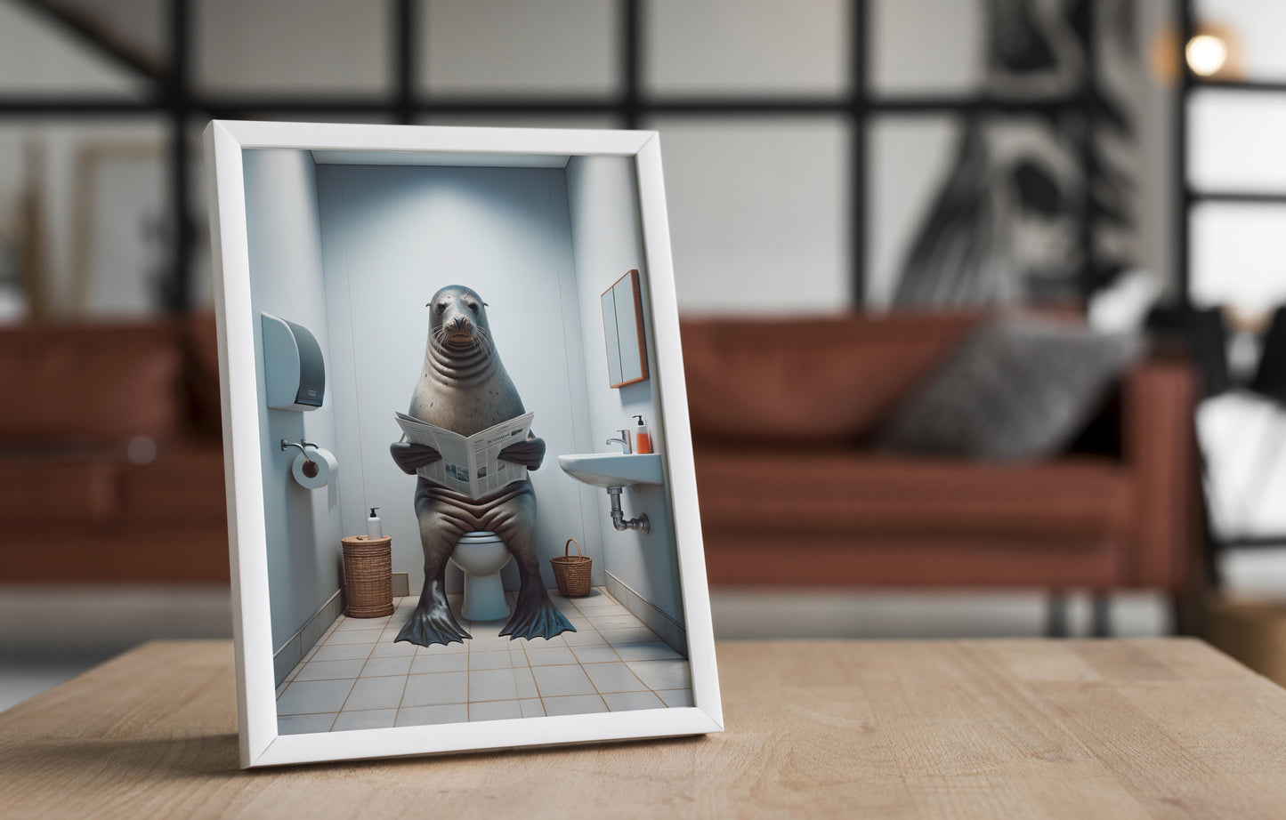Funny Bathroom Wall Art Poster - Seal Reading Newspaper on Toilet | Unique WC Decor | Humorous Gift Idea