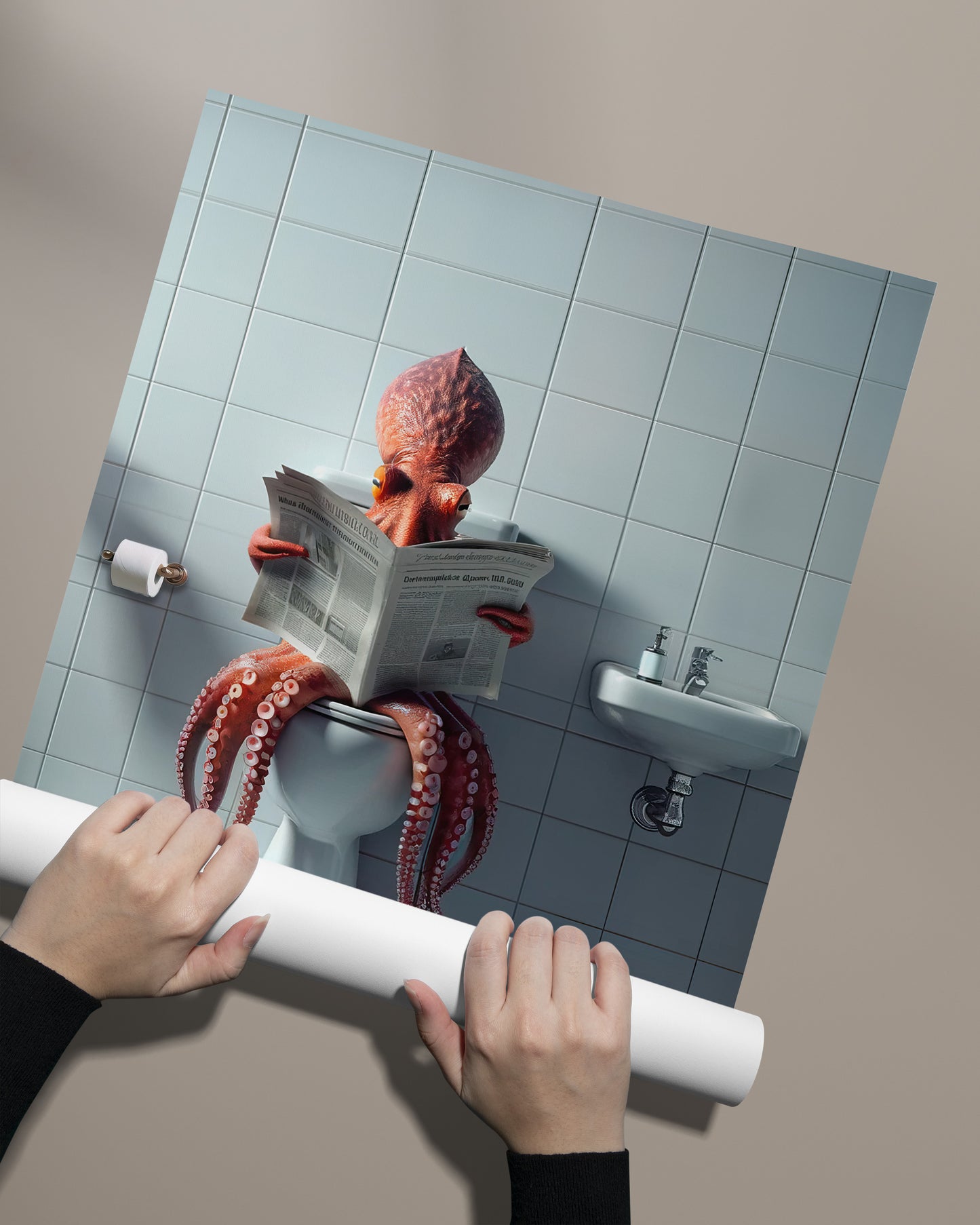 Poster Humour : Pieuvre Lisant le Journal aux Toilettes, Déco Drôle WC & Salle de Bain, Idée Cadeau Originale
