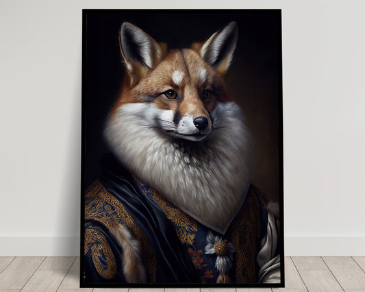 Baroque Style Noble Fox Portrait Poster, Animal Wall Art Decoration, Silver Fox Artwork
