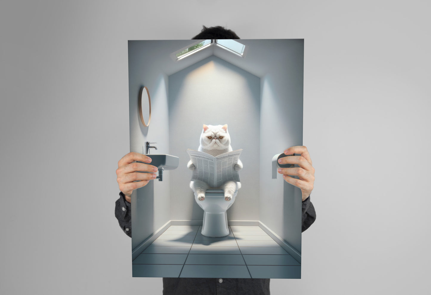 Affiche Murale Humour: Chat Exotic Shorthair Blanc Lisant Toilettes - Déco WC & Salle de Bain - Cadeau Fun Chat