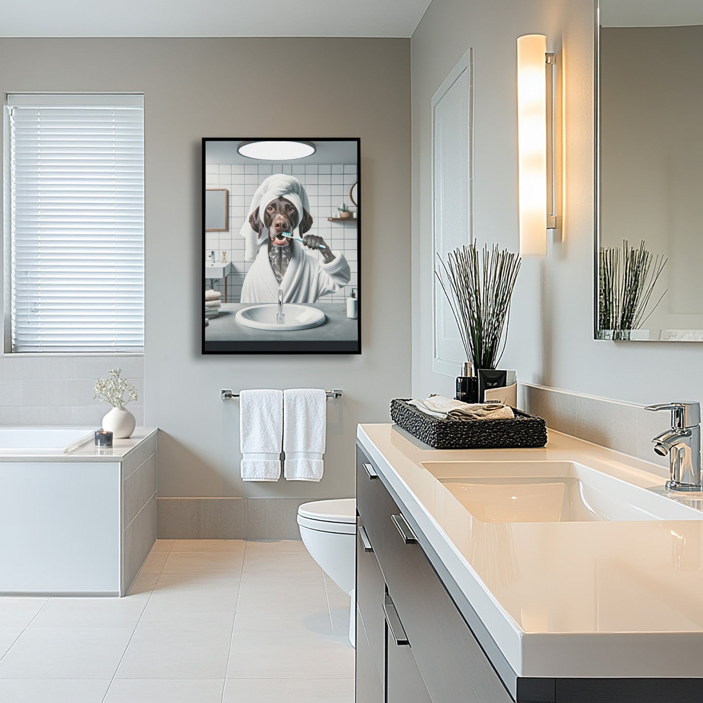 Portrait of a GSP Brushing Teeth in Bathrobe – Funny Dog Bathroom Decor, Cute Poster, GSP Print, German Shorthaired Pointer Gift, Framed art