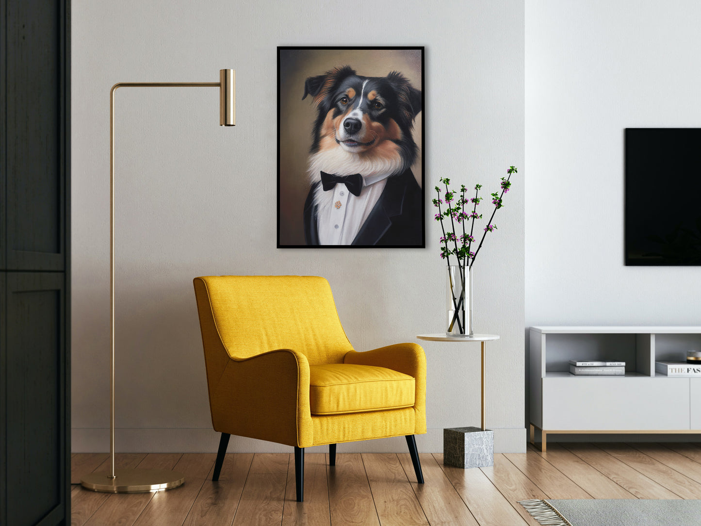 Poster Chien Chic - Portrait Berger Australien en Smoking, Tableau Humour, Décoration Murale