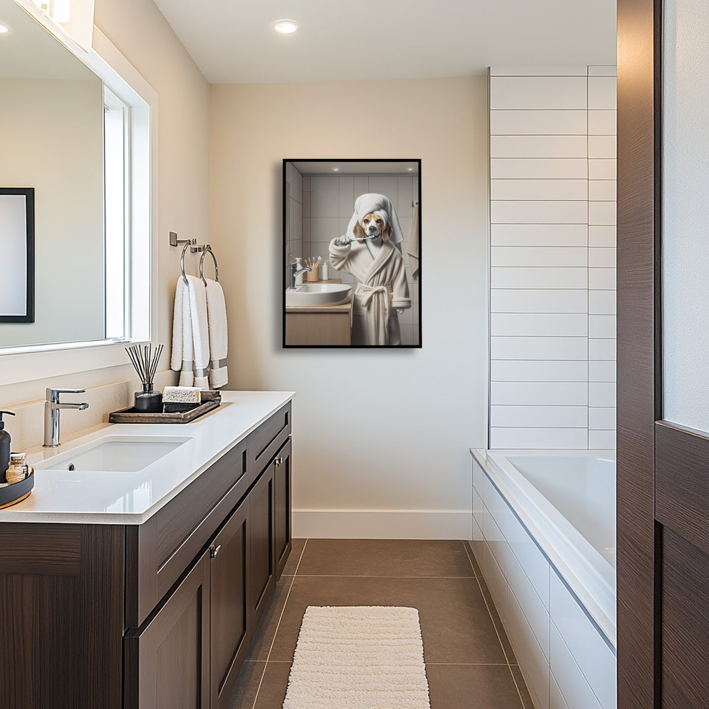 Portrait of a Beagle Brushing Teeth in Bathrobe – Funny Dog Bathroom Decor, Cute Poster, Beagle Print, Beagle Gift, Framed art