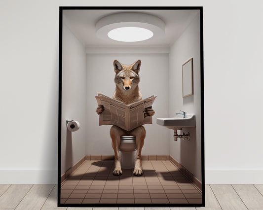 Coyote Reading Newspaper on Toilet Poster - Funny Bathroom Wall Art Décor & Unique Gag Gift for Restroom