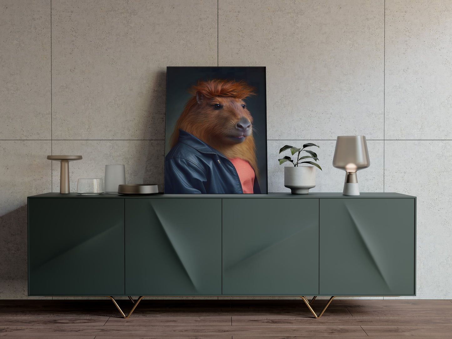 Affiche murale humoristique d'un capybara des années 80 avec coupe mulet, décoration murale originale, poster kitsch à encadrer