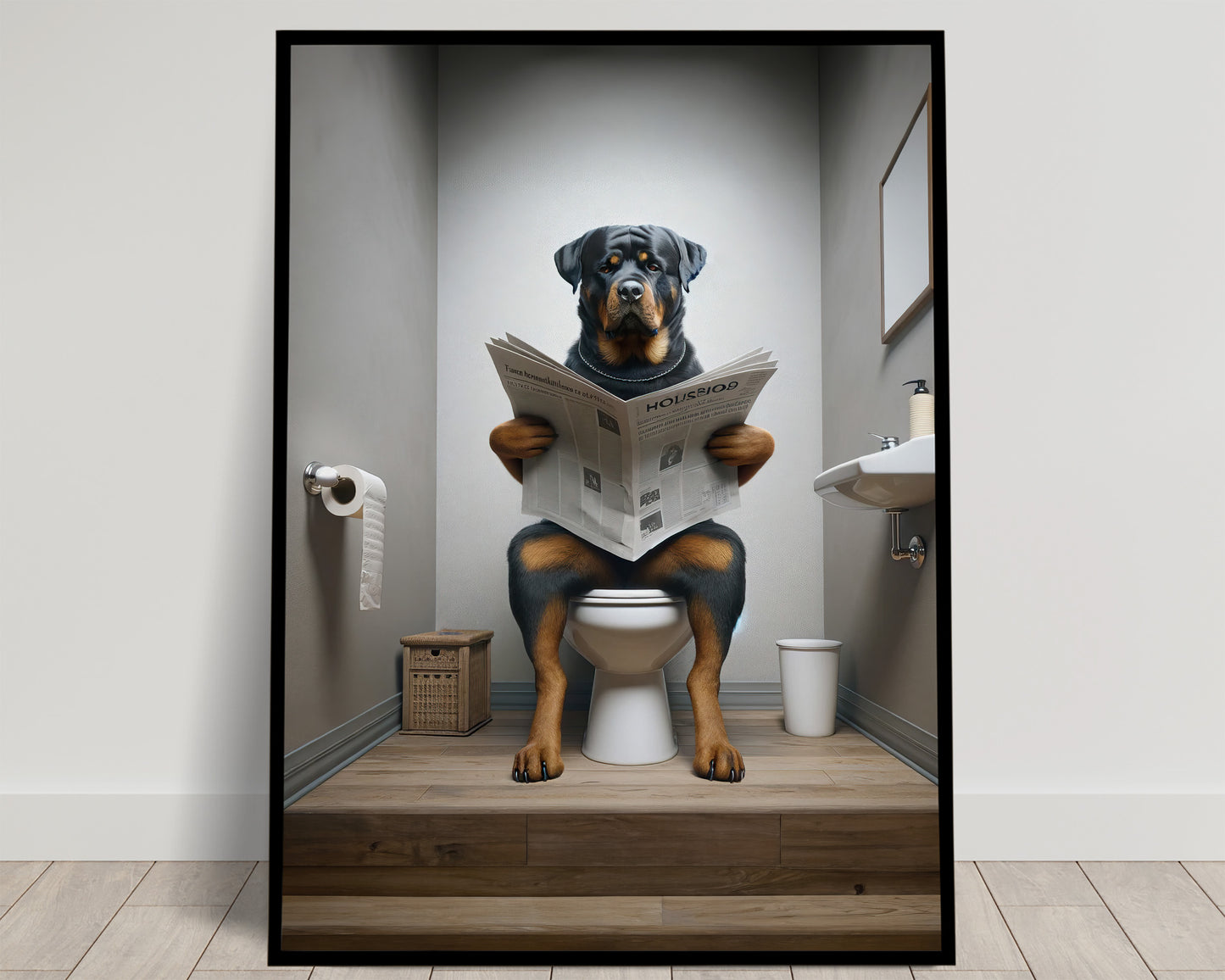 Rottweiler on Toilet Reading Newspaper Poster - Fun Bathroom Wall Art, Unique WC Decor, Humorous Gift