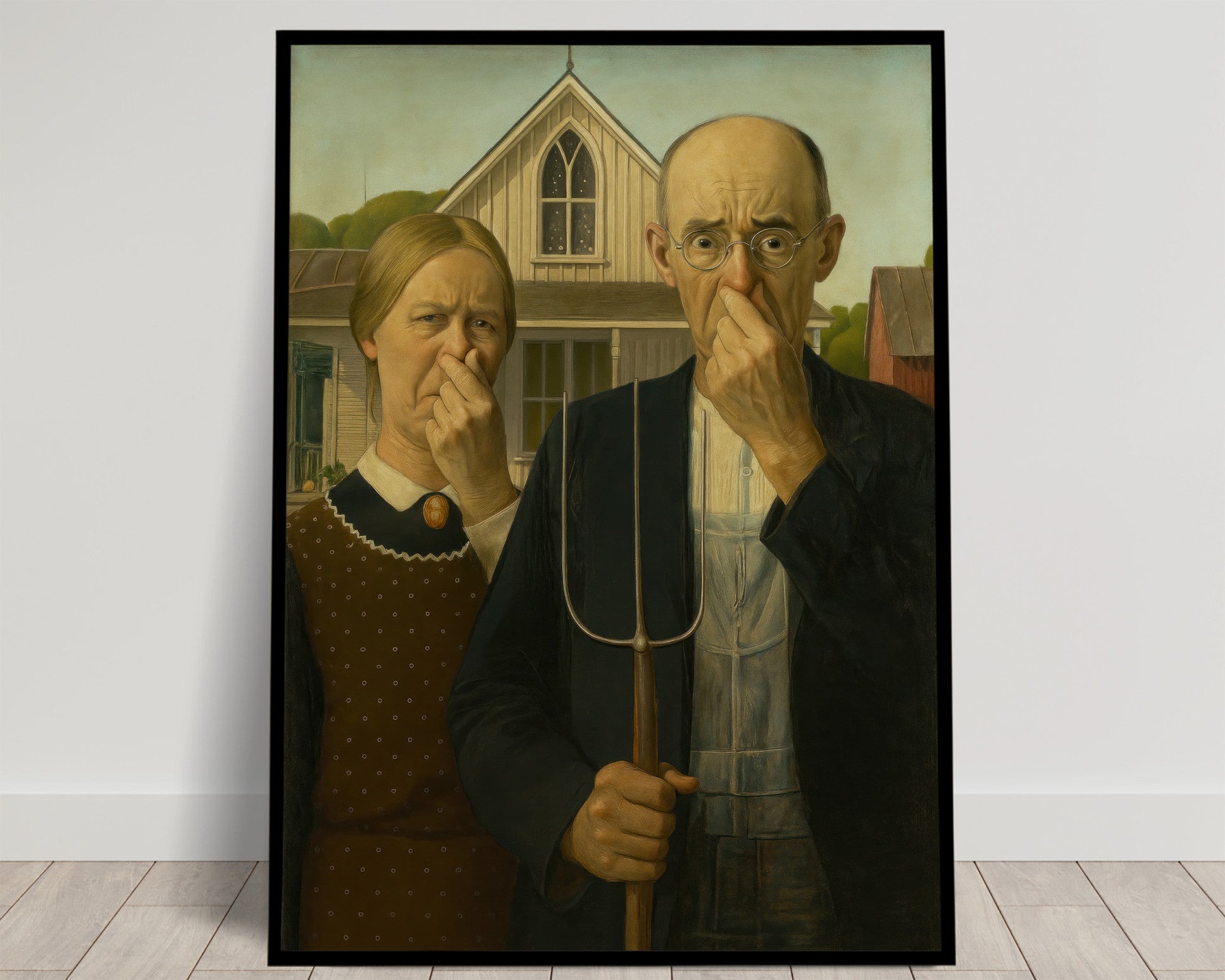 Funny Bathroom Poster – Quirky Restroom Wall Art, American Gothic Parody, Toilet Humor Decor, Unique Framed Gift for Home