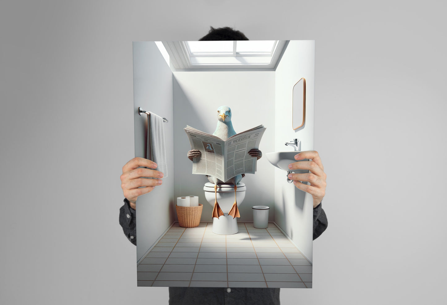 Poster Humour : Mouette lisant le journal aux toilettes - Décoration WC, Salle de Bain, Cadeau Original et Fun