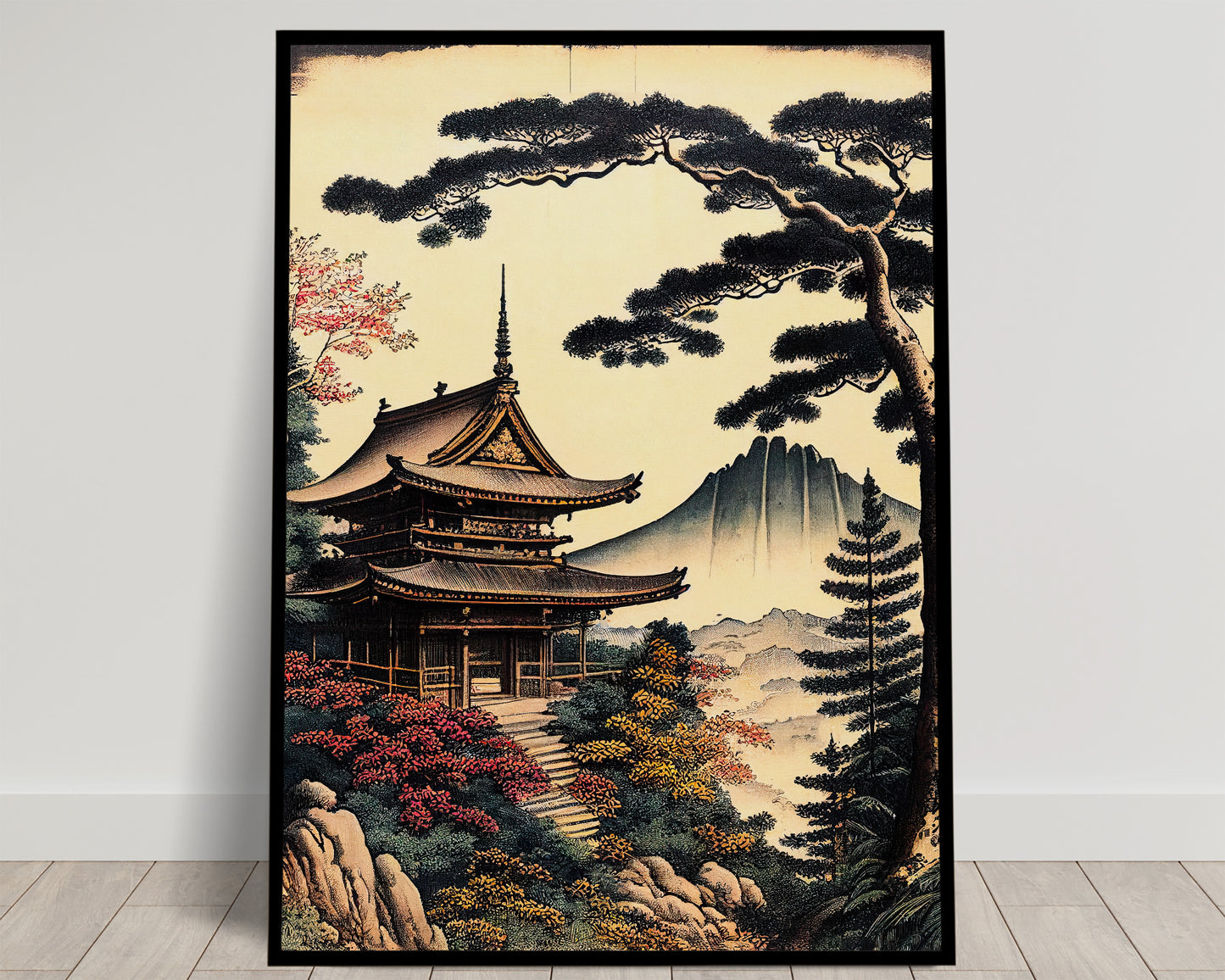 Japanese Temple Wall Poster – Artistic Japanese Style Illustration, Rural Landscape Wall Decor, Frameable Poster