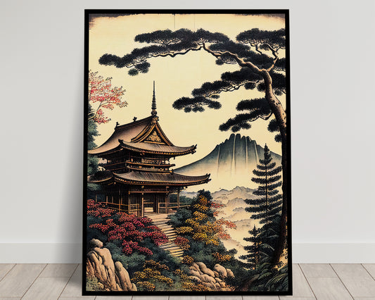 Japanese Temple Wall Poster – Artistic Japanese Style Illustration, Rural Landscape Wall Decor, Frameable Poster