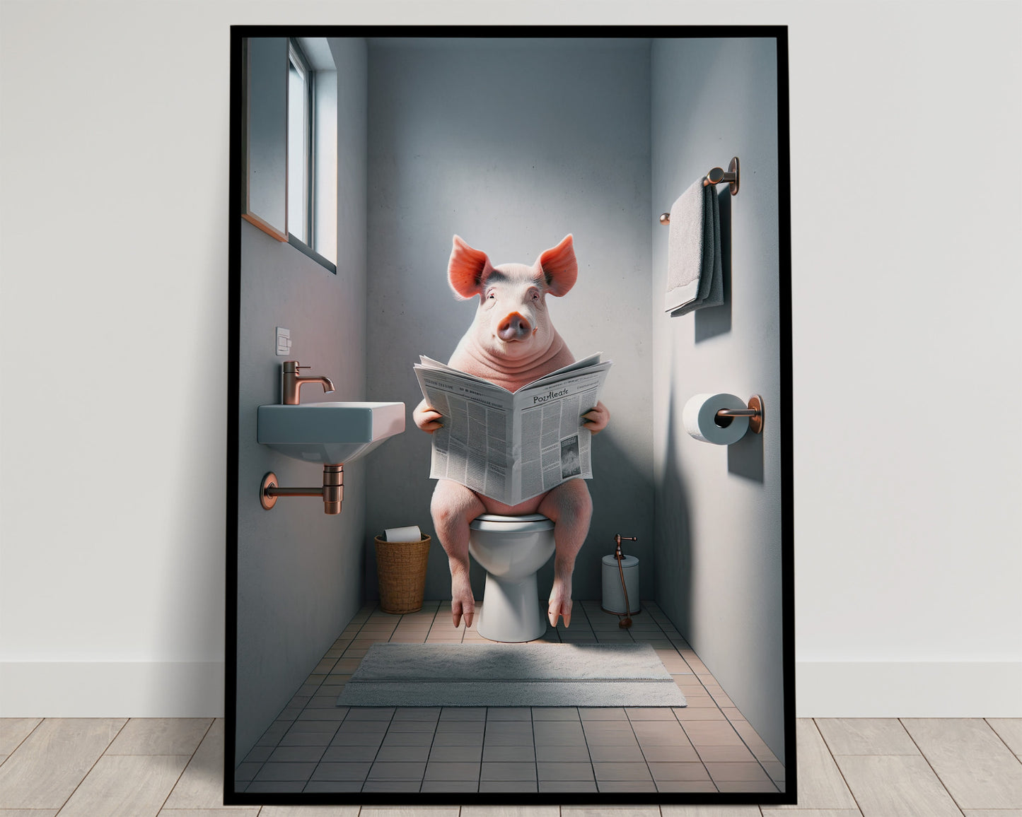 Funny Pig Reading Newspaper Poster - Quirky Bathroom Wall Art, Unique WC Decor, Humorous Gag Gift for Toilet Room