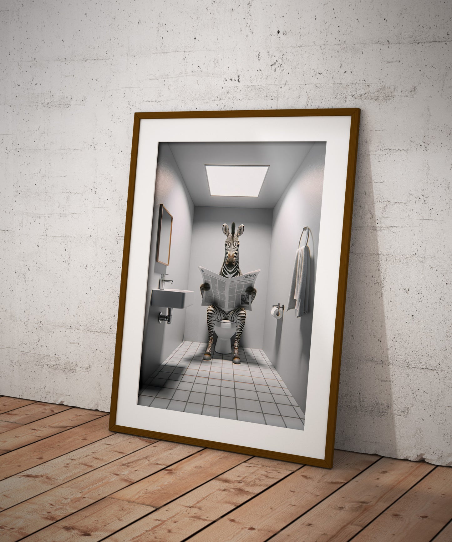 Zebra Reading Newspaper on Toilet Poster - Funny Bathroom Decor | Unique Wall Art & Gag Gift | WC Toilet Poster