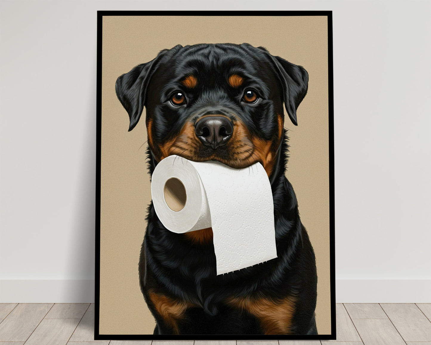 Rottweiler mordant un rouleau de papier toilette, Humour Toilettes, Poster WC, Cadeau Rottweiler, Affiche encadrée, Poster chien