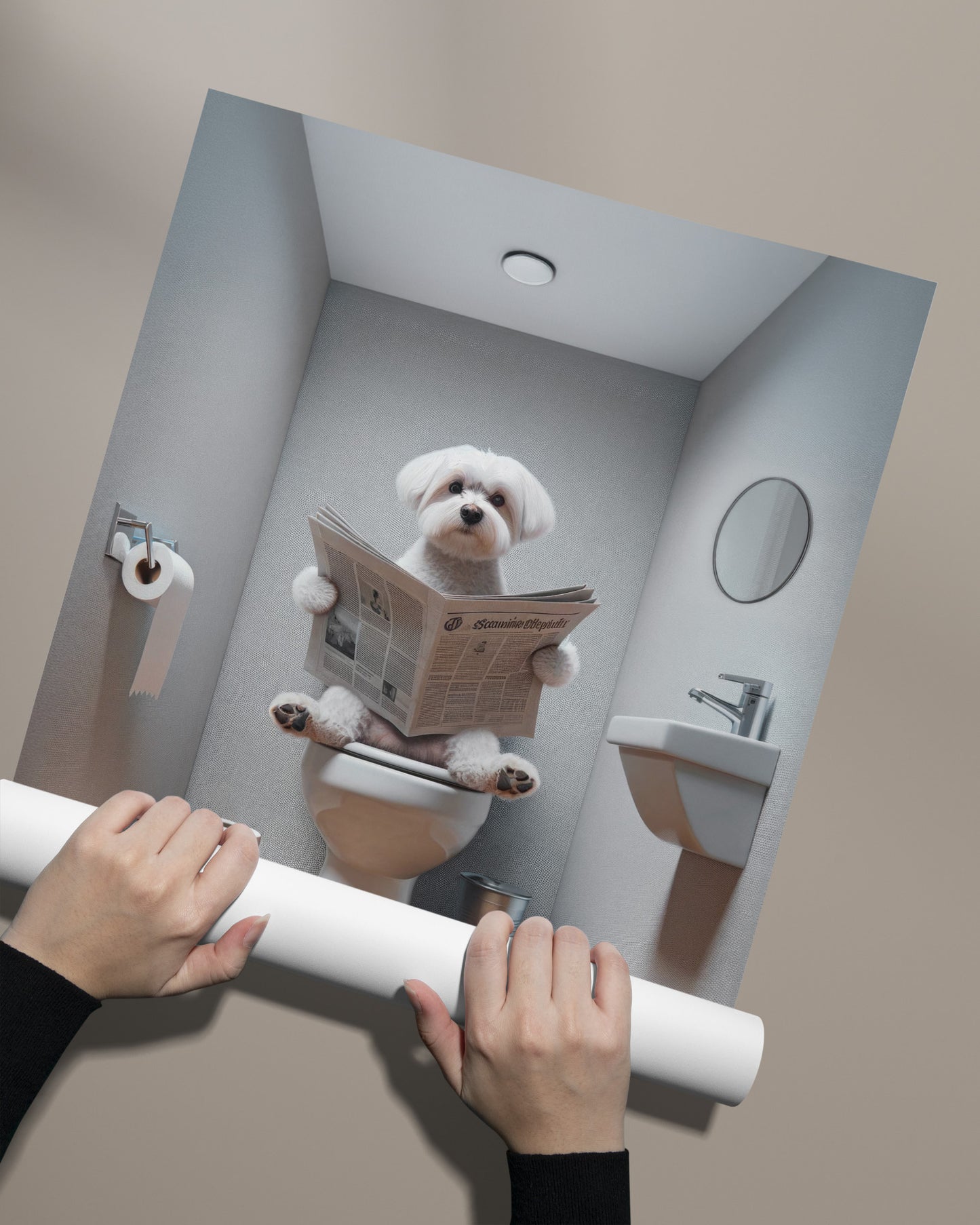 Poster Humour Bichon Maltais lisant le journal, Décoration WC, Salle de bain, Cadeau Amusant, Art Mural