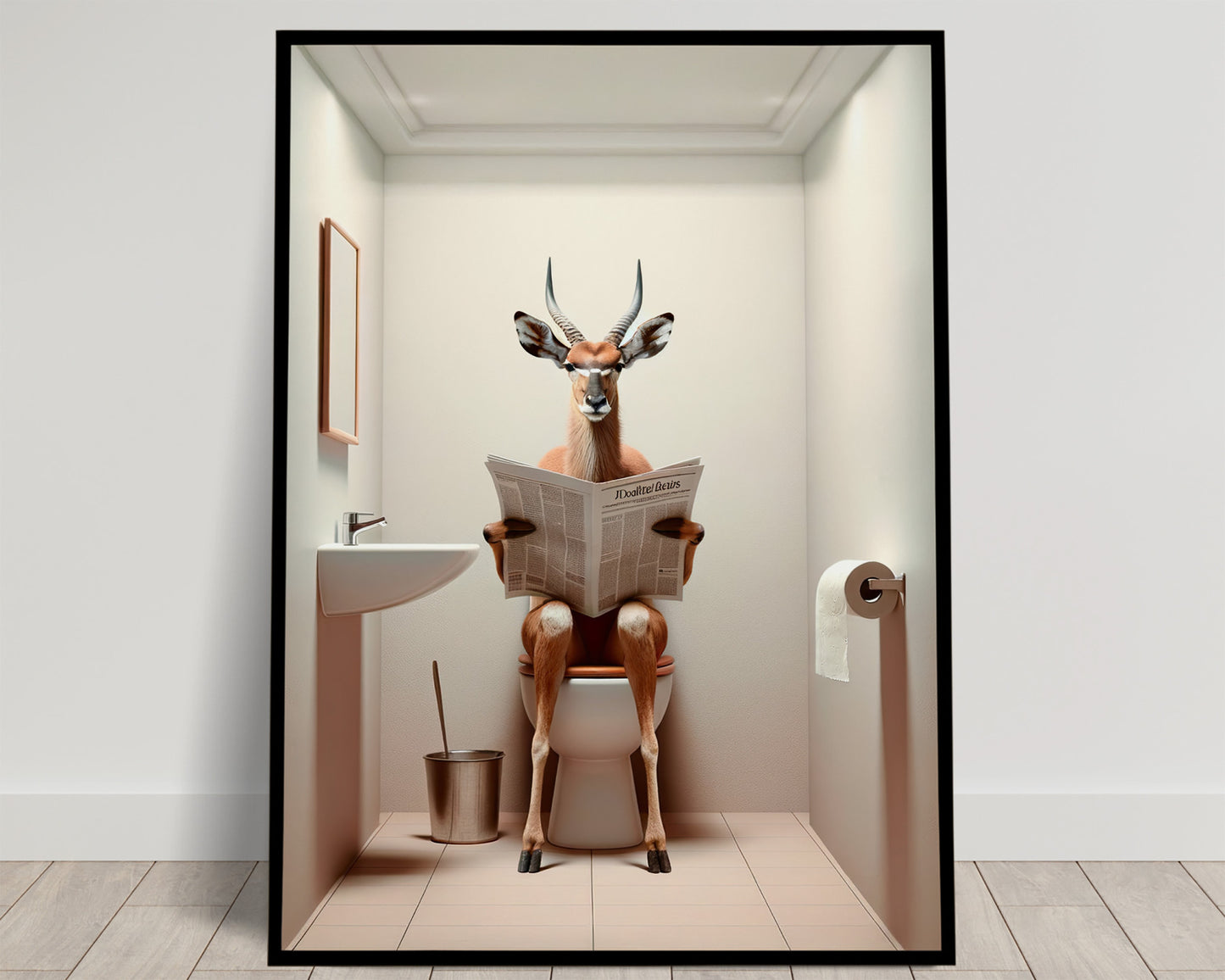 Poster Humour : Antilope lisant le journal, Décoration Fun Salle de Bain, Art Mural WC, Idée Cadeau Originale