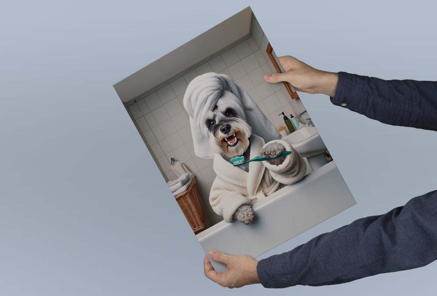 Portrait of a Schnauzer Brushing Teeth in Bathrobe – Funny Dog Bathroom Decor, Cute Poster, Schnauzer Print, Schnauzer Gift, Framed art