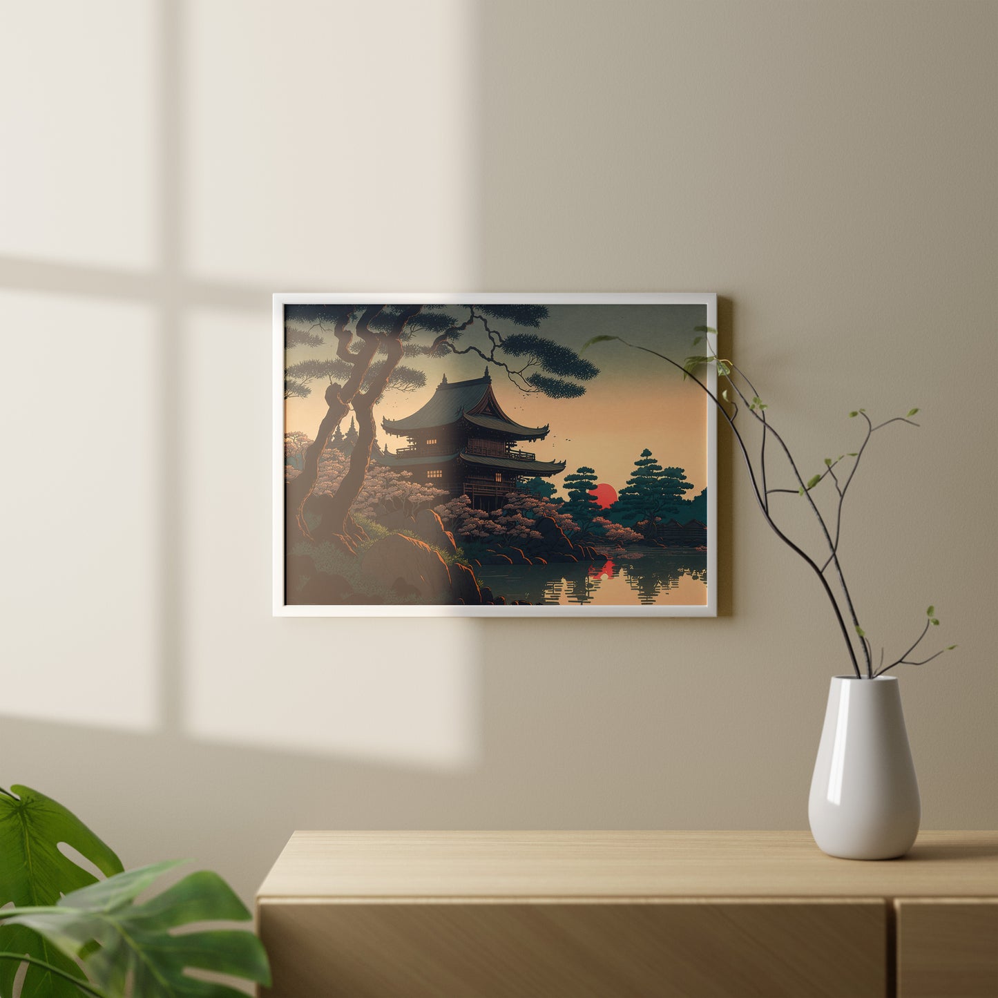 Japanese Temple Wall Poster, Art Style Illustration, Lake Landscape Decor, Frameable Wall Art