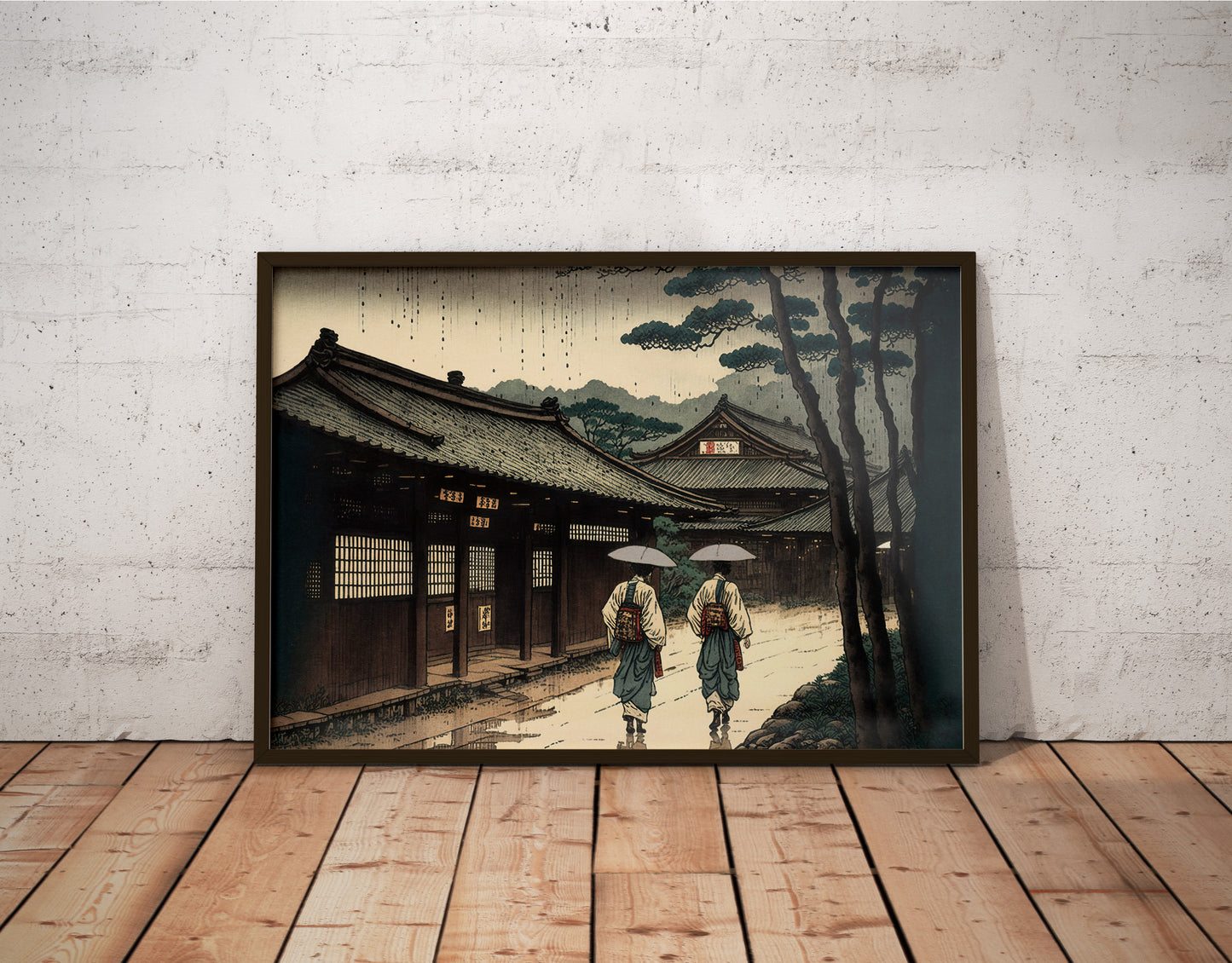 Japanese Village Wall Poster in the Rain – Japanese Art Style Illustration, Rainy Japan Poster for Framing, Home Decor