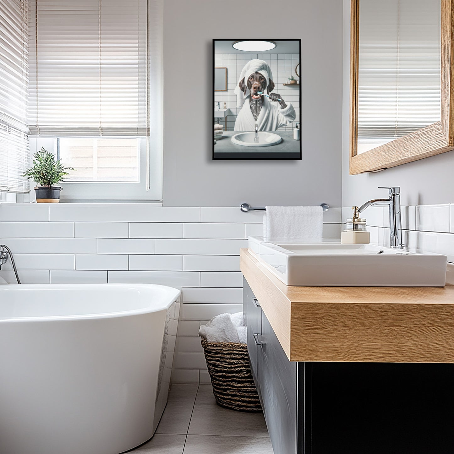 Portrait of a GSP Brushing Teeth in Bathrobe – Funny Dog Bathroom Decor, Cute Poster, GSP Print, German Shorthaired Pointer Gift, Framed art