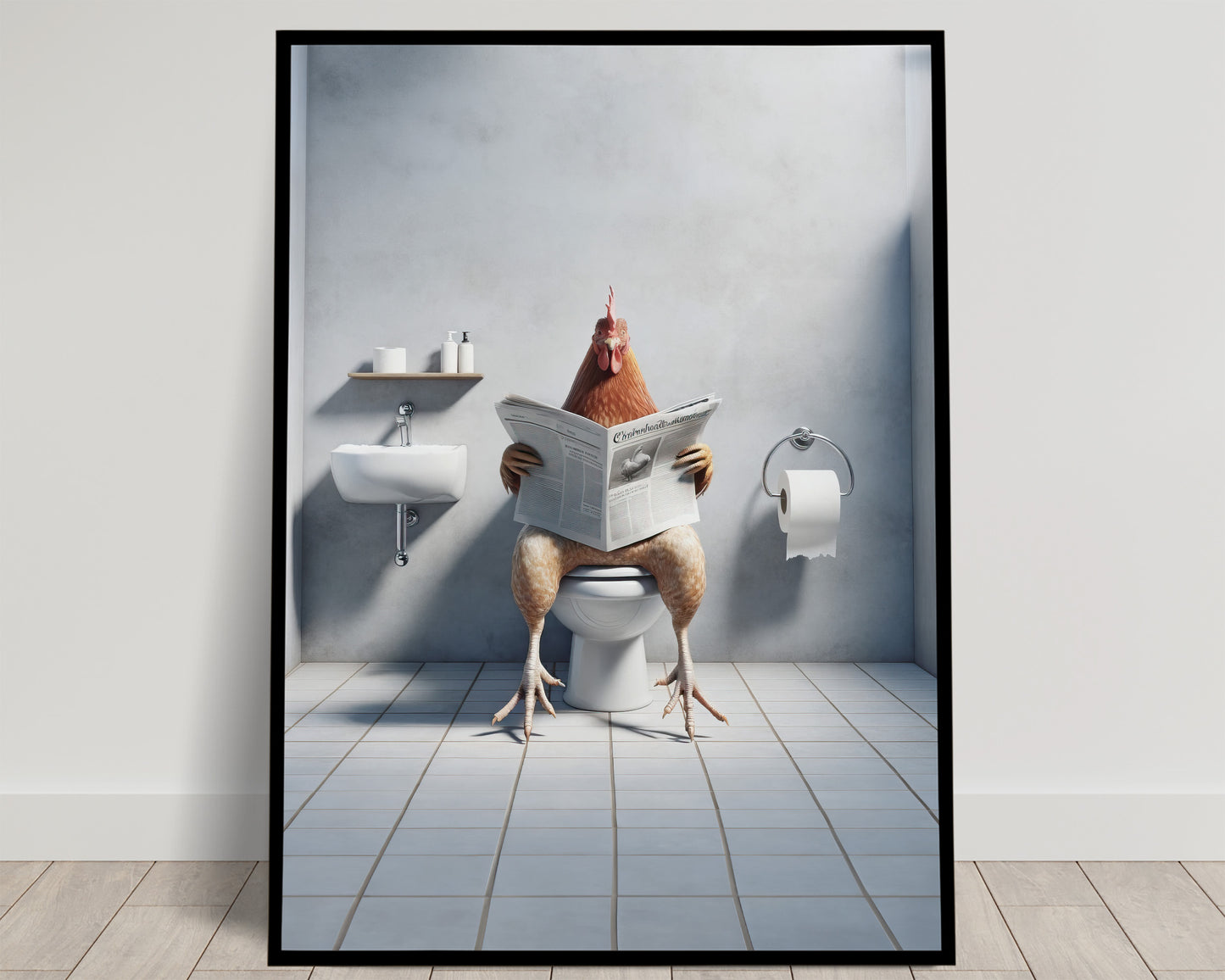 Unique Chicken Reading Newspaper Poster - Funny Bathroom Wall Art | WC Toilet Decor | Quirky Gift