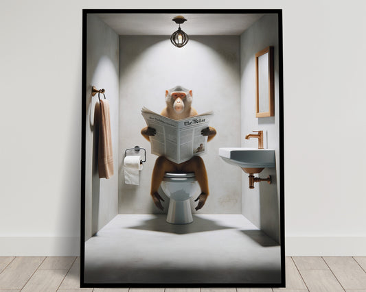 Monkey Reading Newspaper on Toilet Poster – Funny Bathroom Wall Art Decor, Unique WC Toilet Poster, Gag Gift for Bathroom