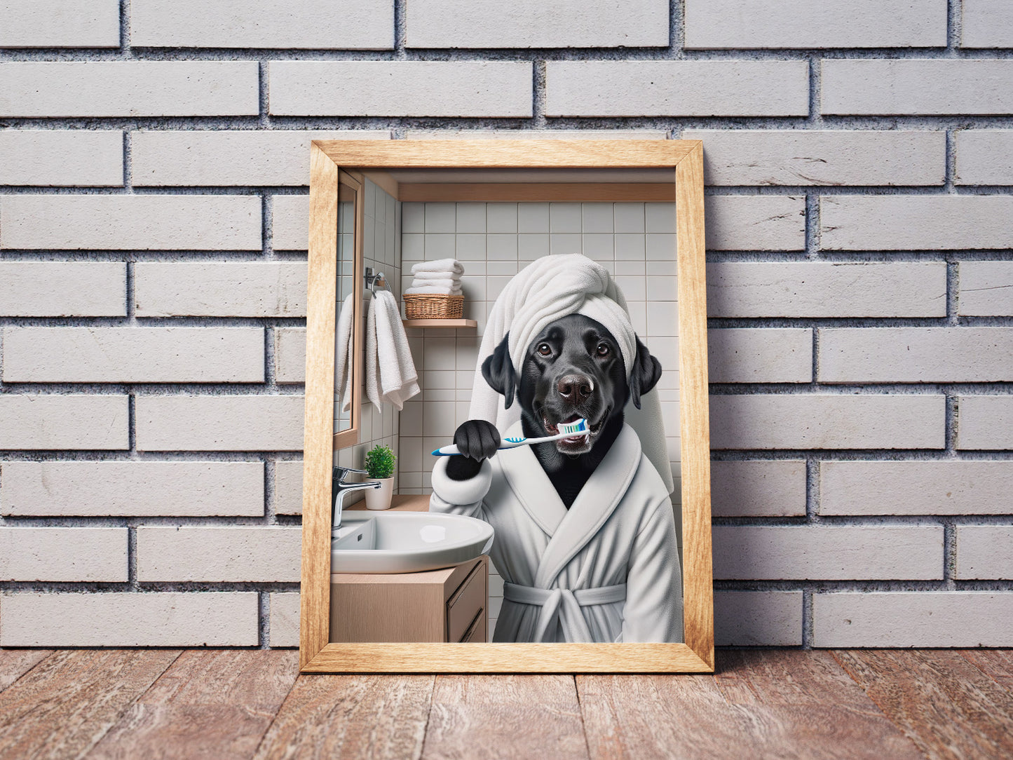 Portrait of a Labrador Brushing Teeth in Bathrobe – Funny Dog Bathroom Decor, Cute Poster, Labrador Print, Labrador Gift, Framed art