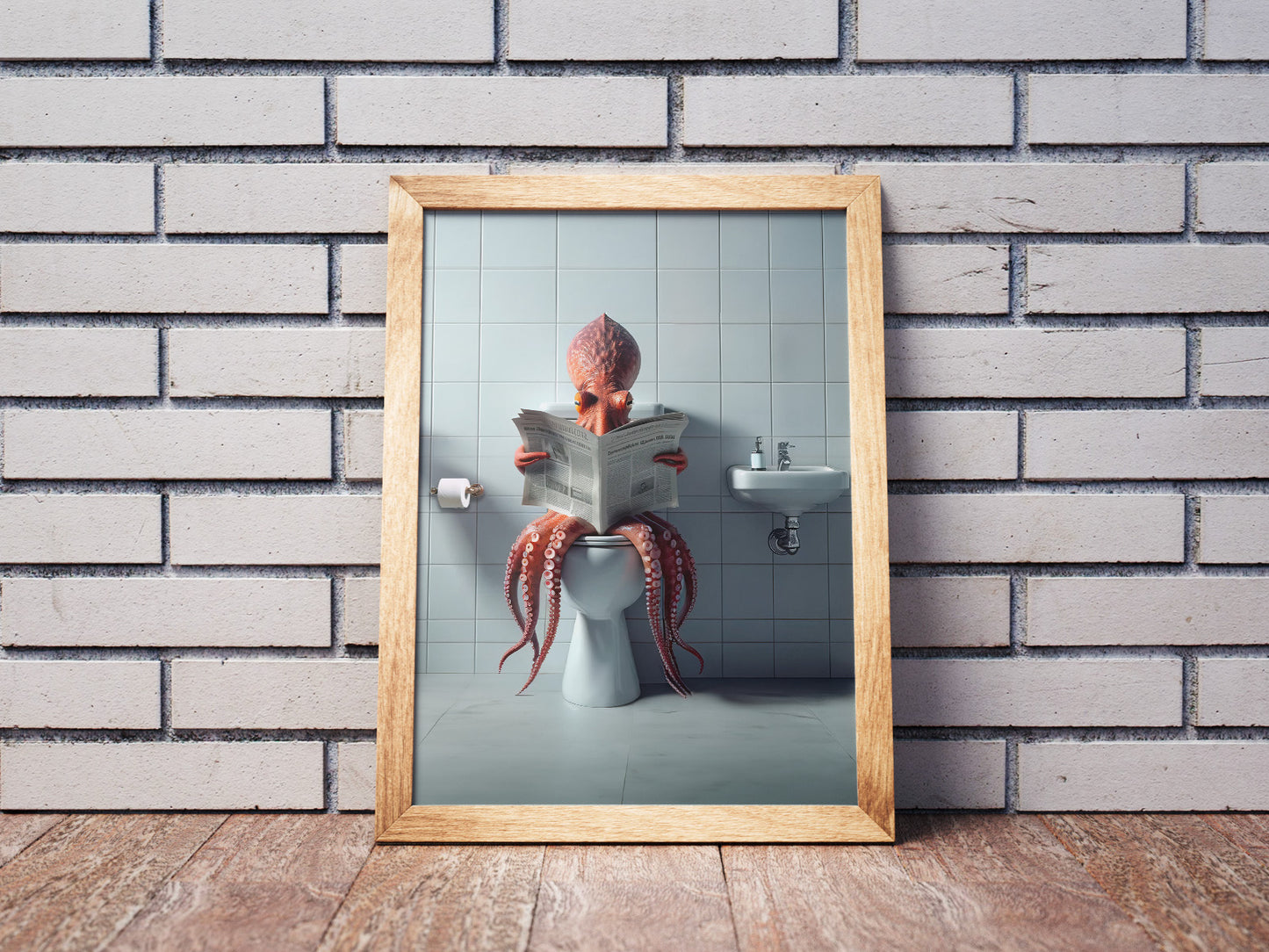 Poster Humour : Pieuvre Lisant le Journal aux Toilettes, Déco Drôle WC & Salle de Bain, Idée Cadeau Originale