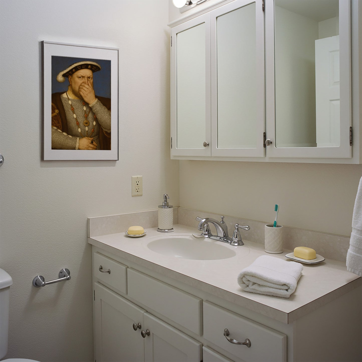 Funny Henry VIII Bathroom Poster – Quirky Restroom Wall Art, Parody Toilet Humor Decor, Unique Framed Gift for Home