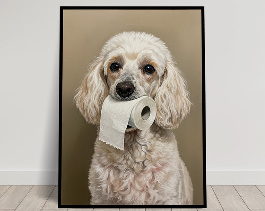 Poster Caniche blanc drôle pour toilettes – Affiche murale humour WC, déco salle de bain, cadeau chien, encadrée ou non