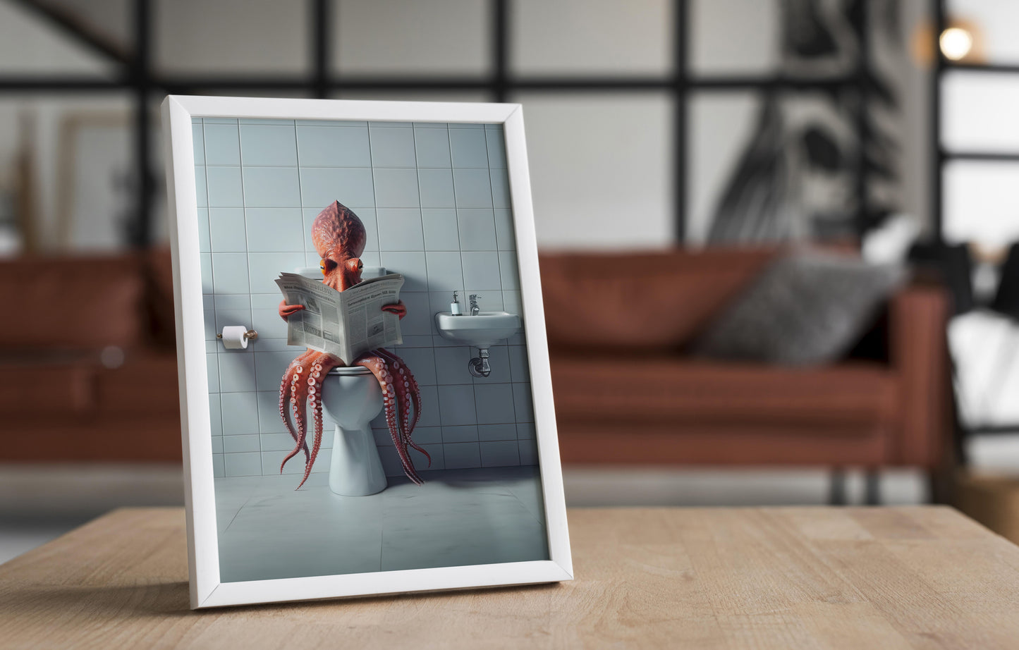 Poster Humour : Pieuvre Lisant le Journal aux Toilettes, Déco Drôle WC & Salle de Bain, Idée Cadeau Originale
