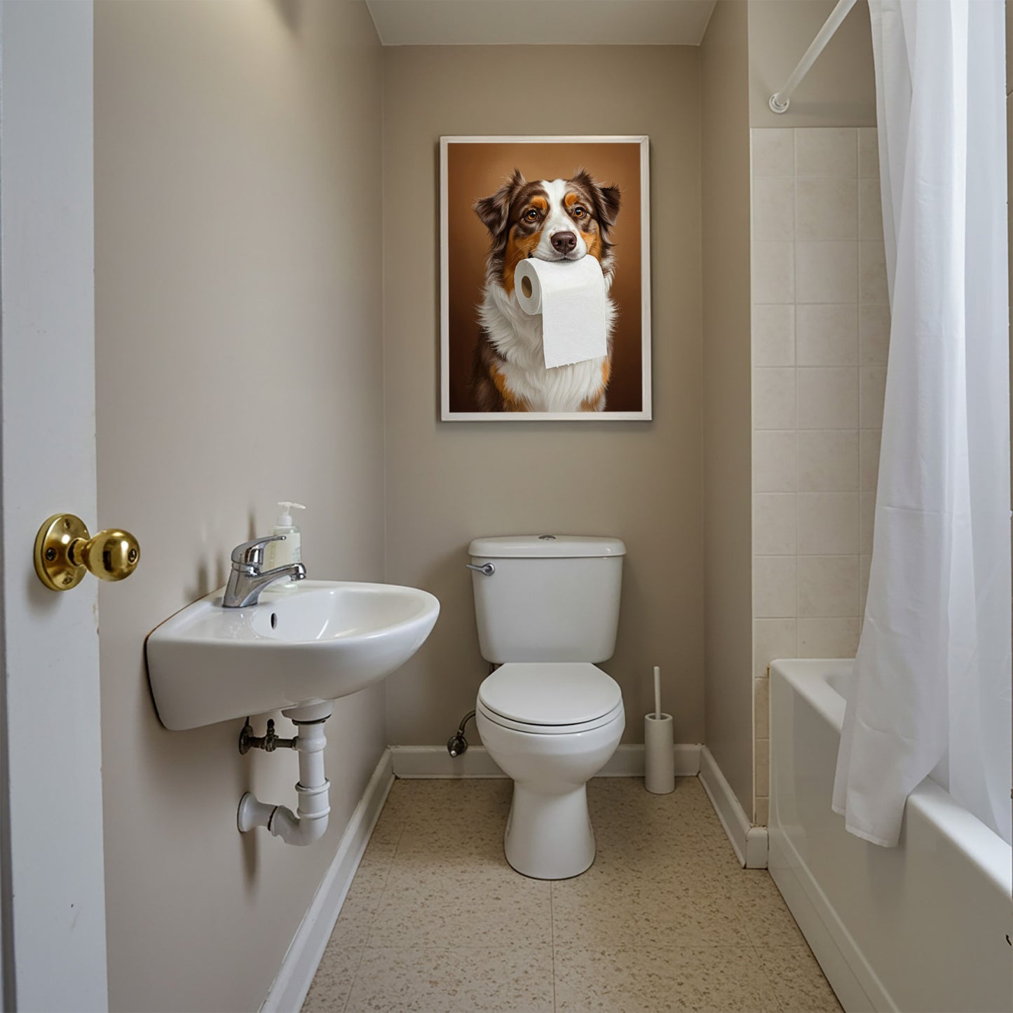 Berger australien mordant un rouleau de papier toilette, Humour Toilettes, WC, Cadeau Berger australien, Affiche encadrée, Poster chien