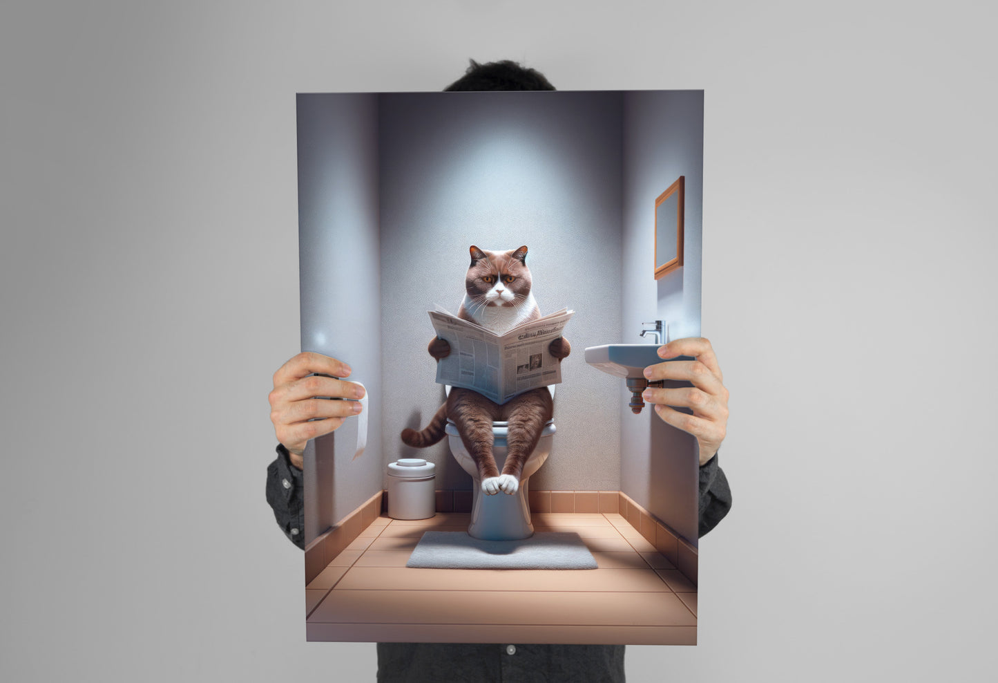 Affiche murale Chat British Shorthair Chocolat et Blanc - Déco WC & Salle de Bain Humour, Idée Cadeau Fun Originale