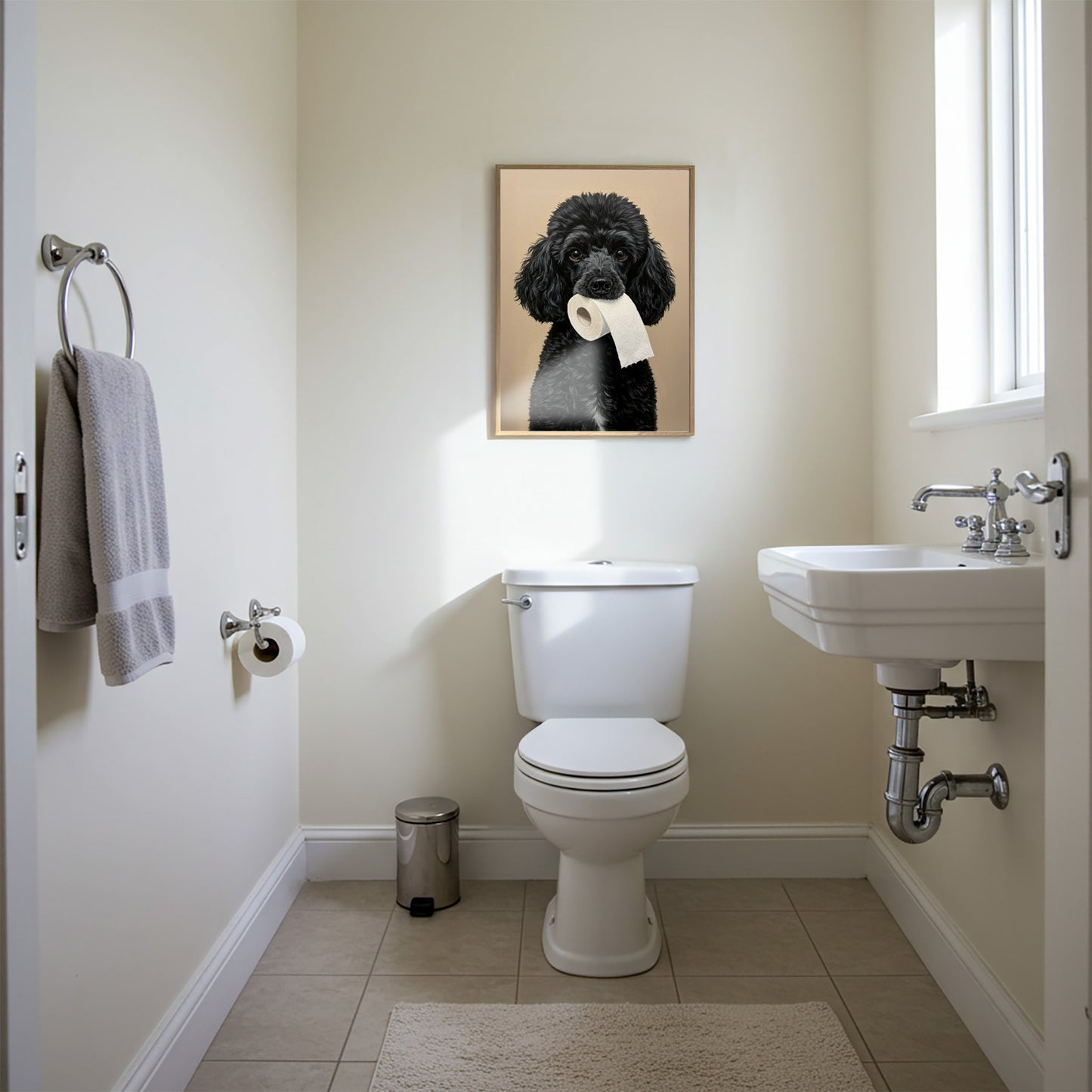 Caniche mordant un rouleau de papier toilette, Humour Toilettes, Poster WC, Cadeau Caniche, Affiche encadrée, Poster chien