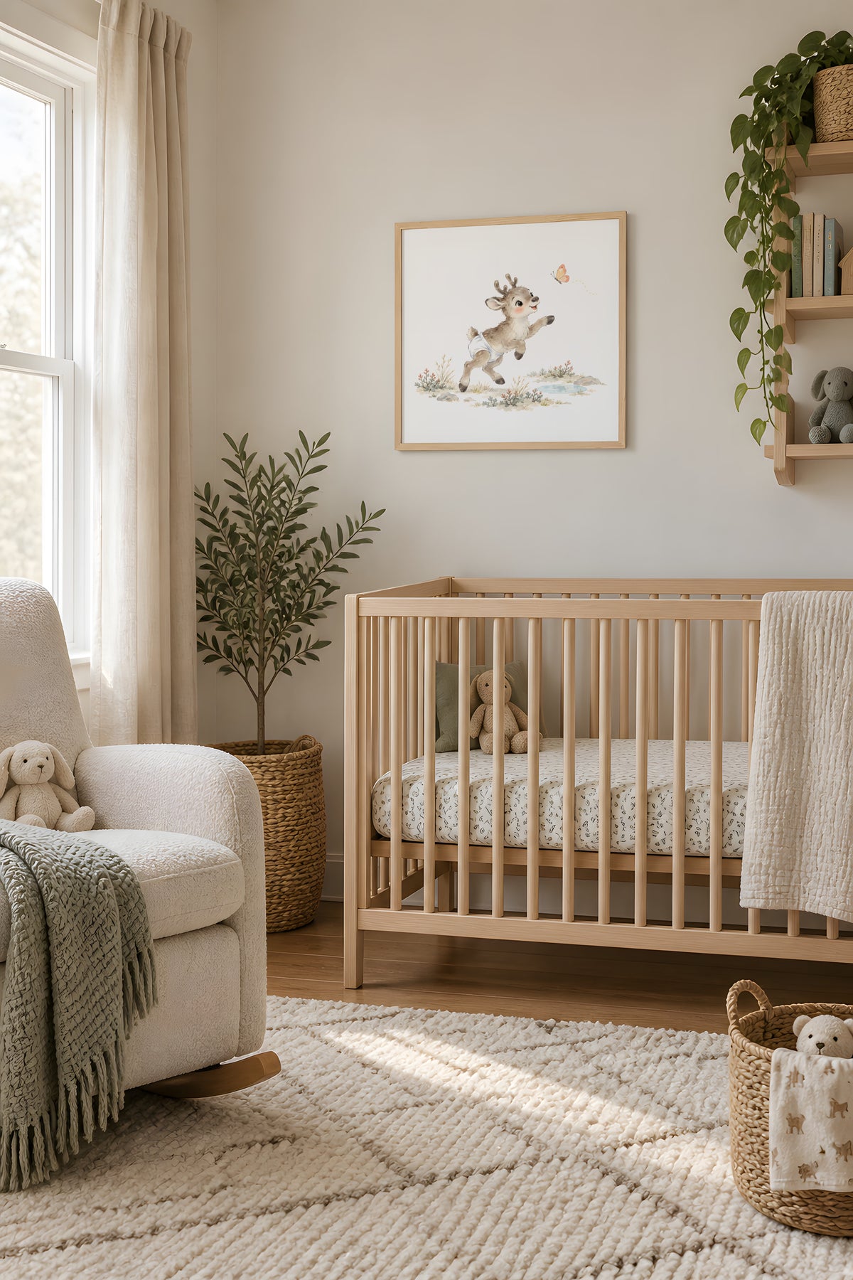 Baby Reindeer Tries to Catch a Butterfly Among the Grasses: natural wood frame, 50 × 50 cm, styled in a room
