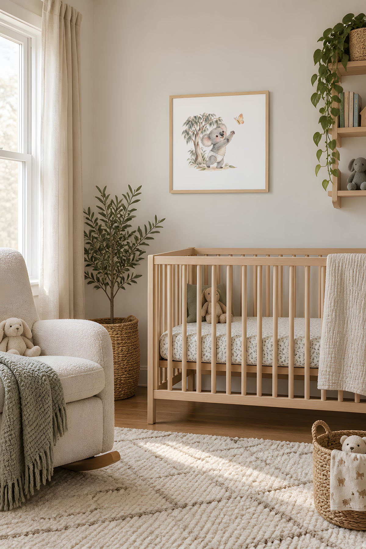 Bébé koala poursuit un papillon près des eucalyptus : cadre bois clair, 50 × 50 cm, en situation