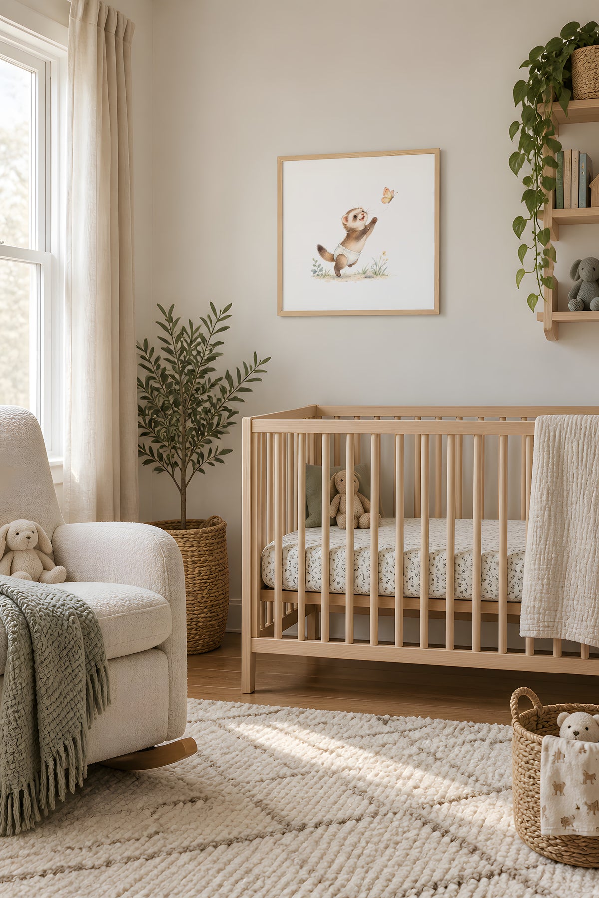 Baby Ferret in a White Diaper Tries to Catch a Butterfly: natural wood frame, 50 × 50 cm, styled in a room